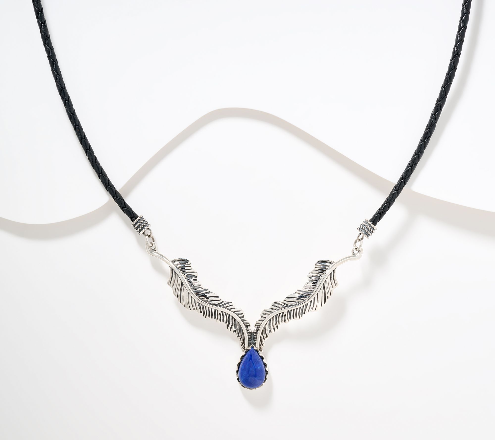 American West Sterl Feather Gemstone Leather Necklace