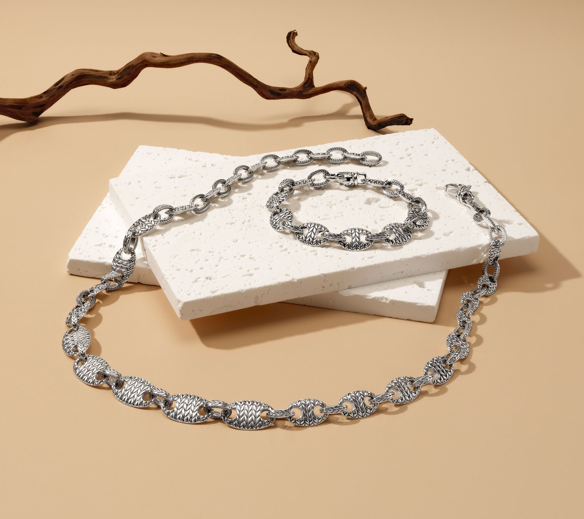 JAI Sterling Silver Textured Mariner Link Bracelet, 21.5g