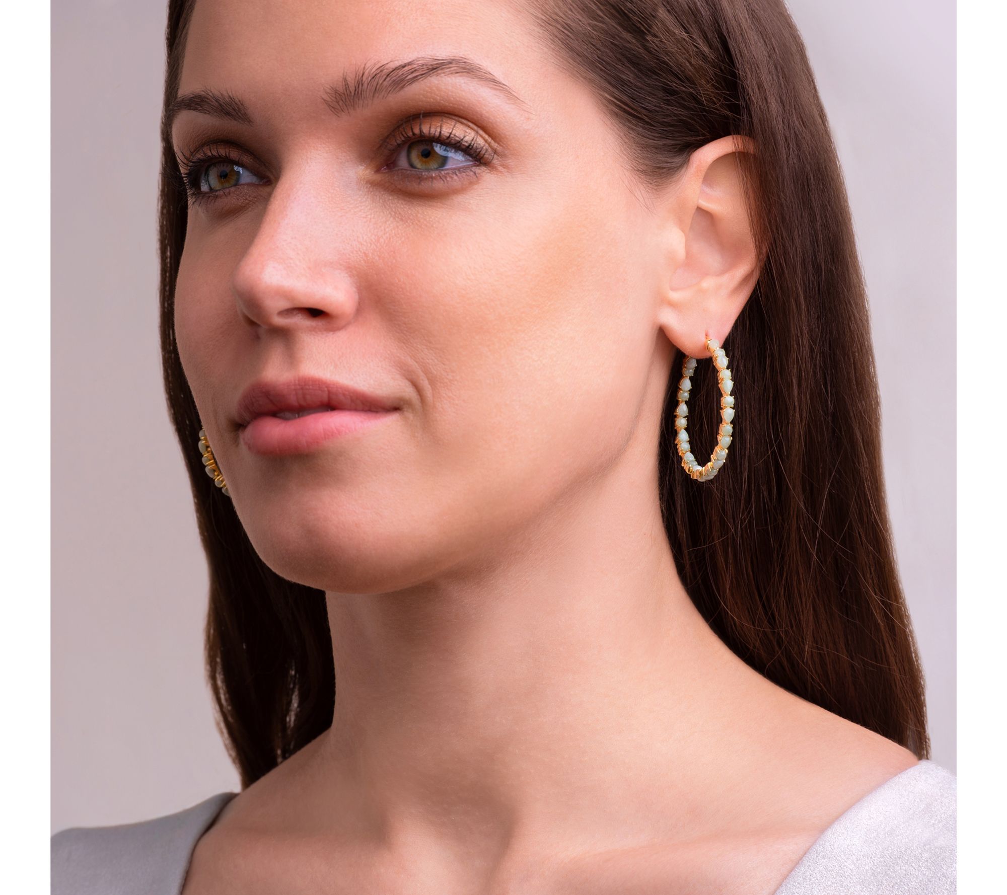 Dynasty Jade Pear & Round 40mm Hoop Earrings, 18K Gold Plated
