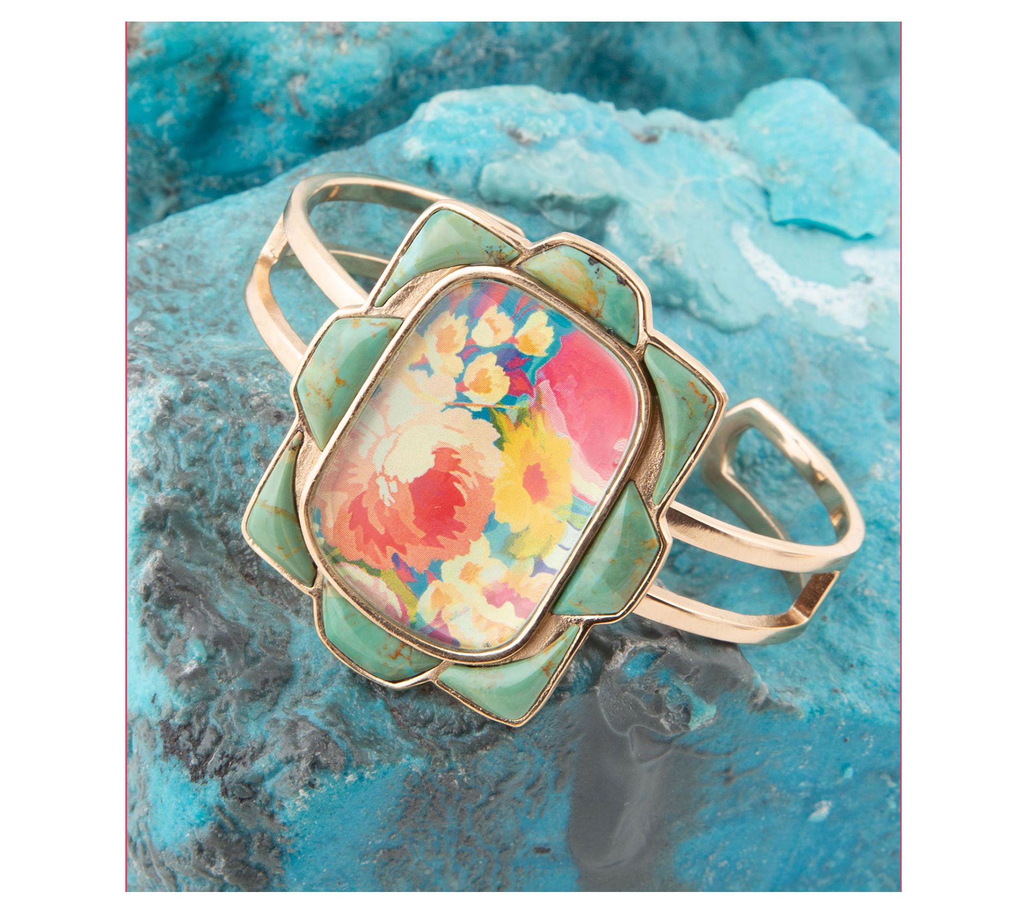 Barse Artisan Crafted Scenic Floral Turquoise Cuff Bracelet