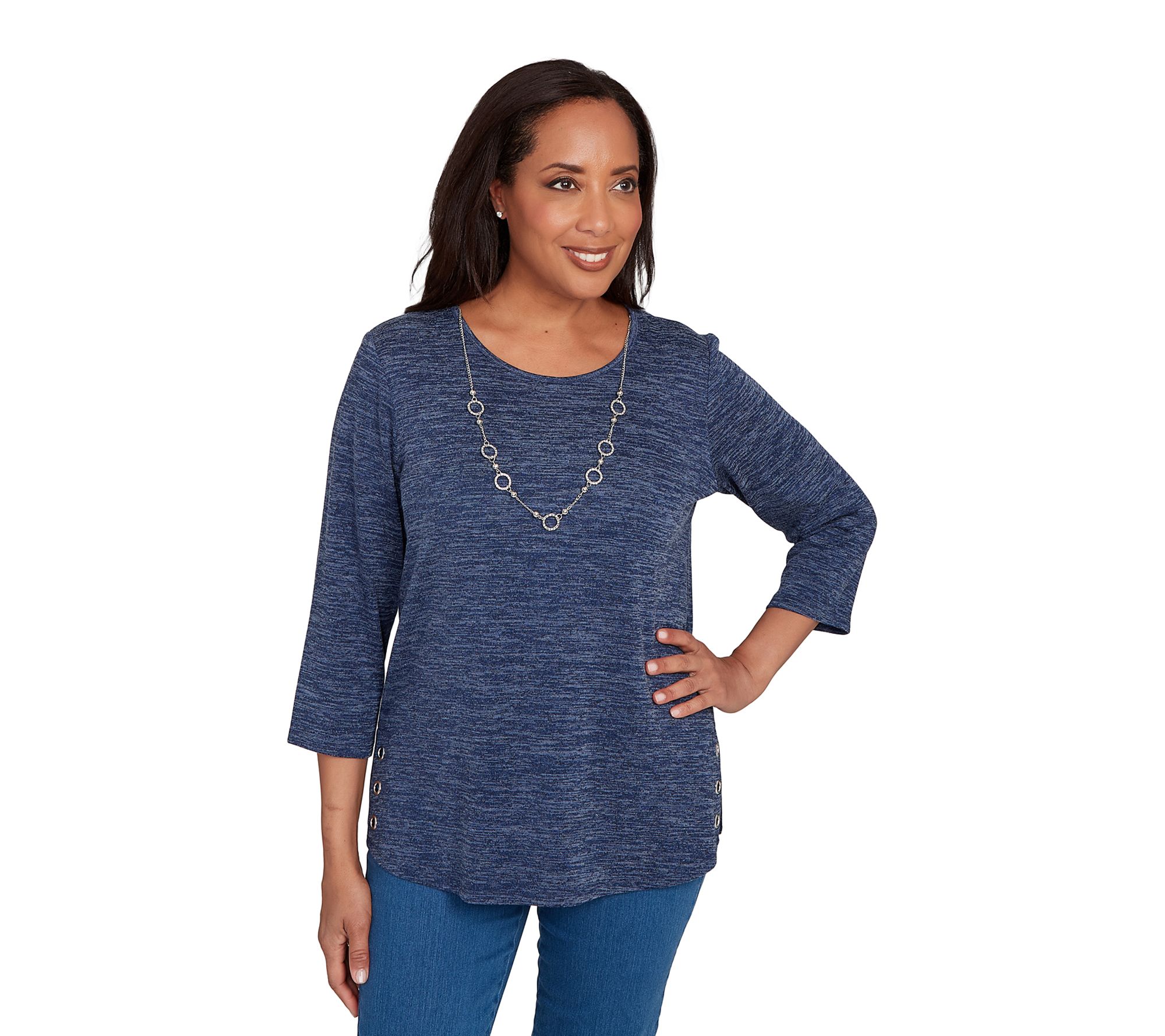 Alfred Dunner Melange Side Button Top with Necklace