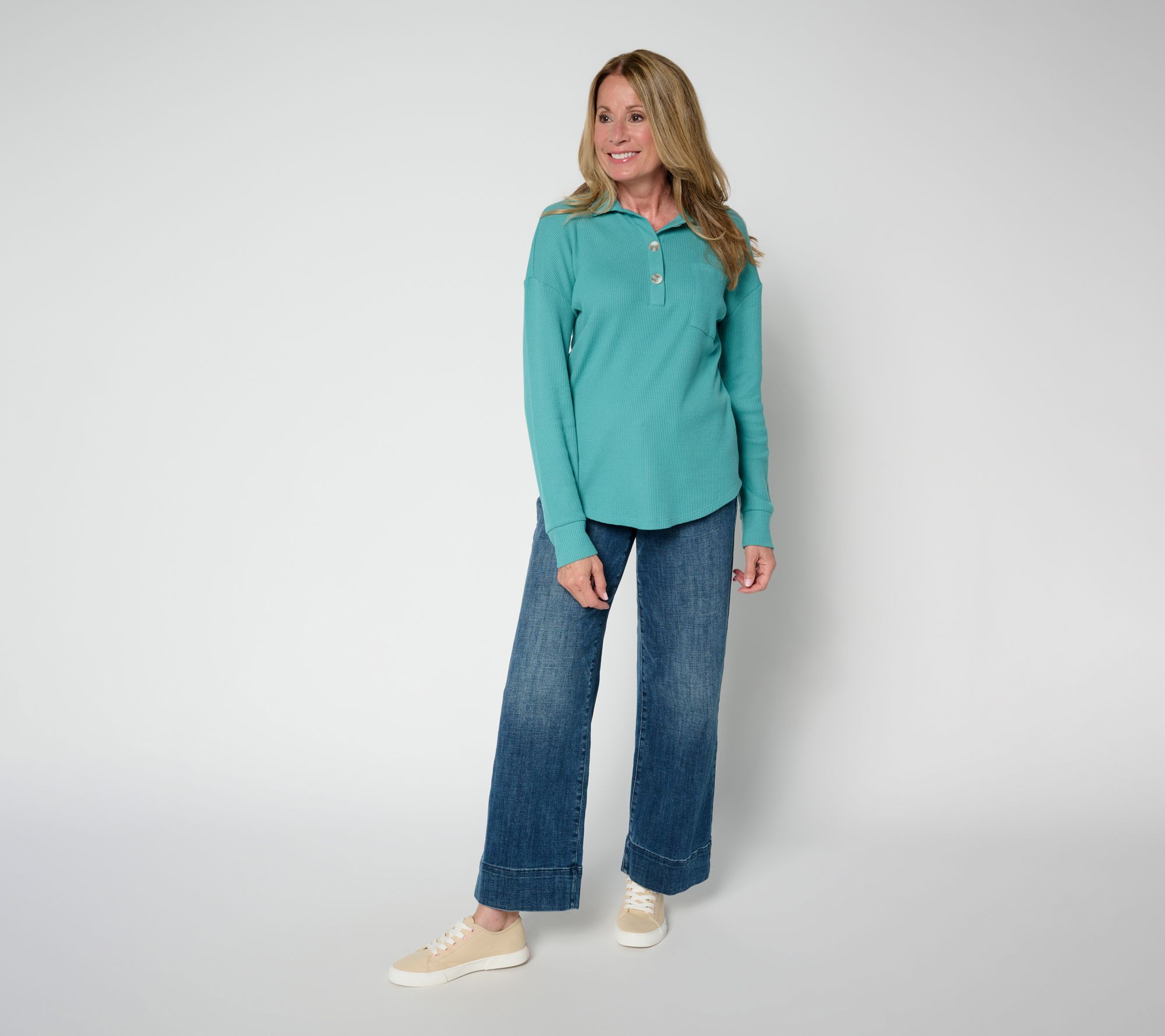 Belle by Kim Gravel Micro Waffle Horn Button Henley Top