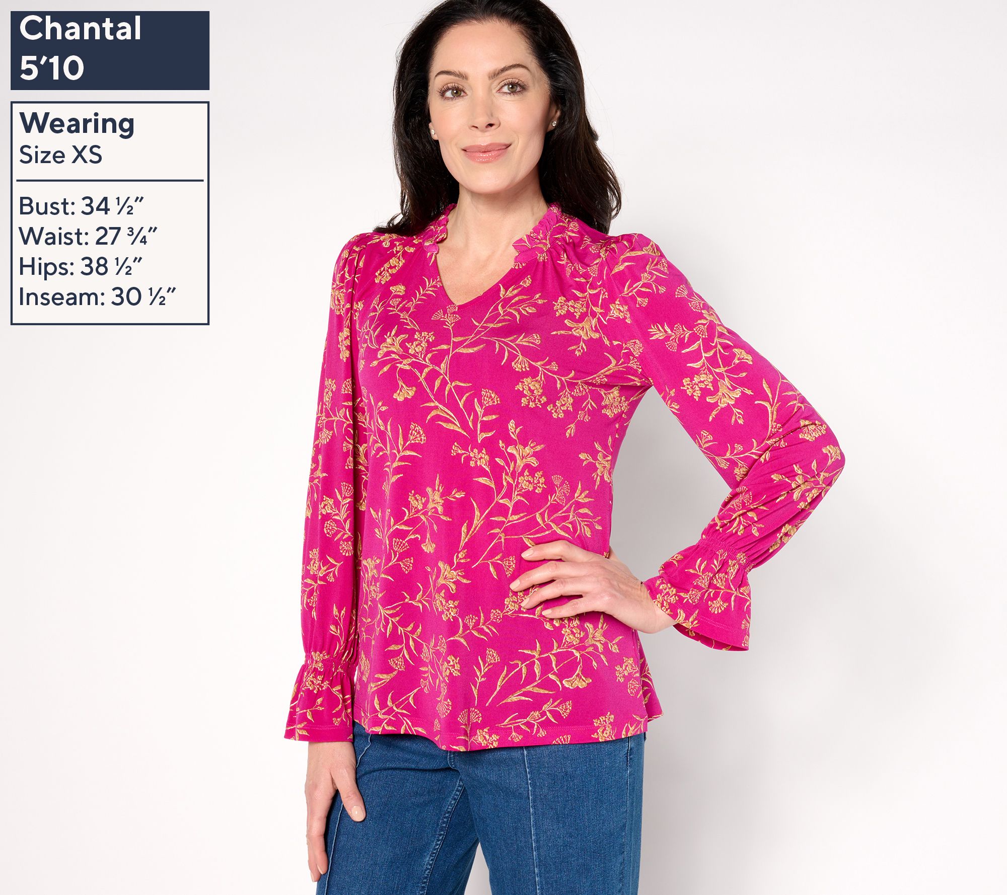 Susan Graver Printed Liquid Knit Bracelet Sleeve Split Neck Top