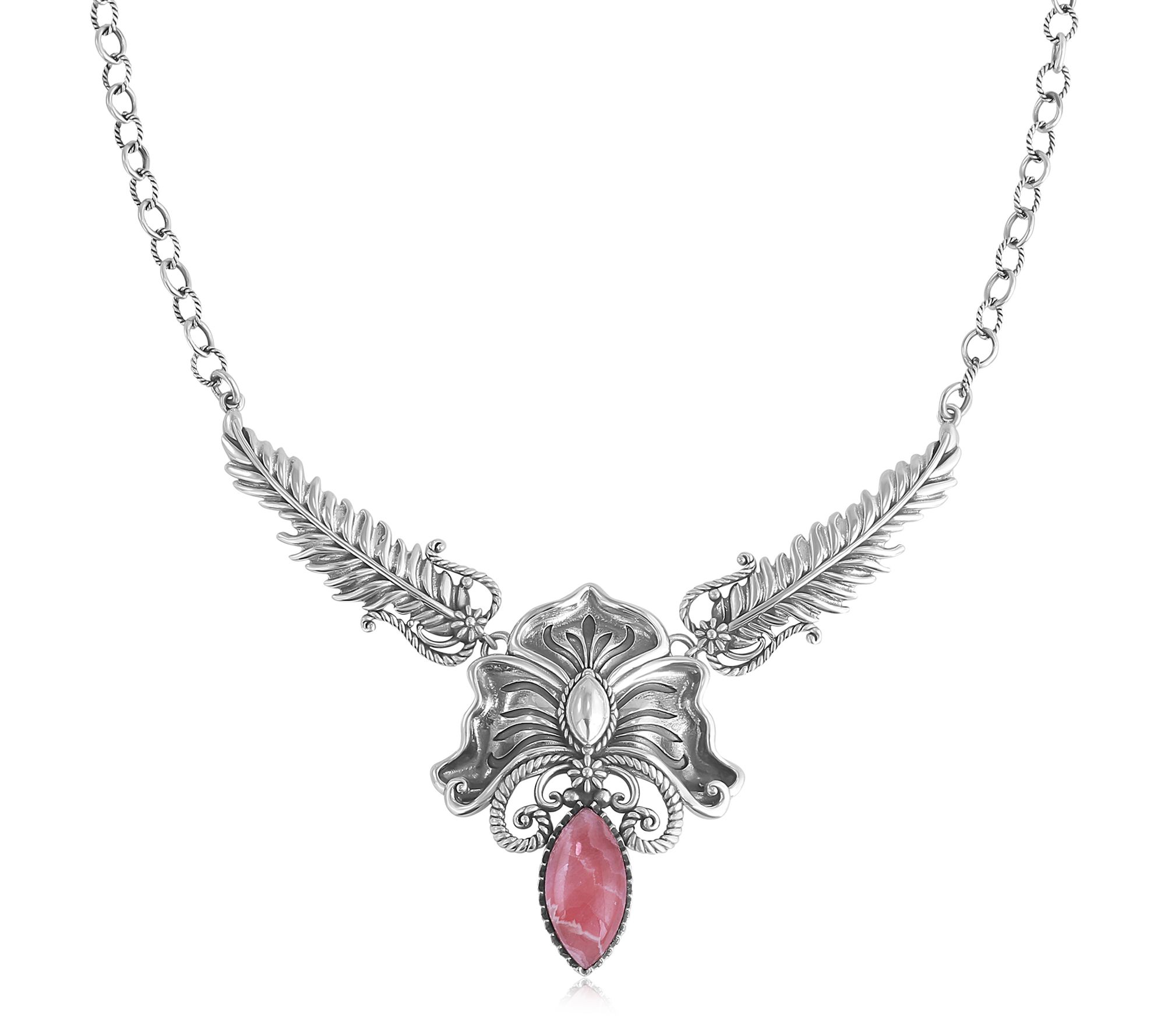 American West Sterling Cactus Flower Marquise Feather Necklace