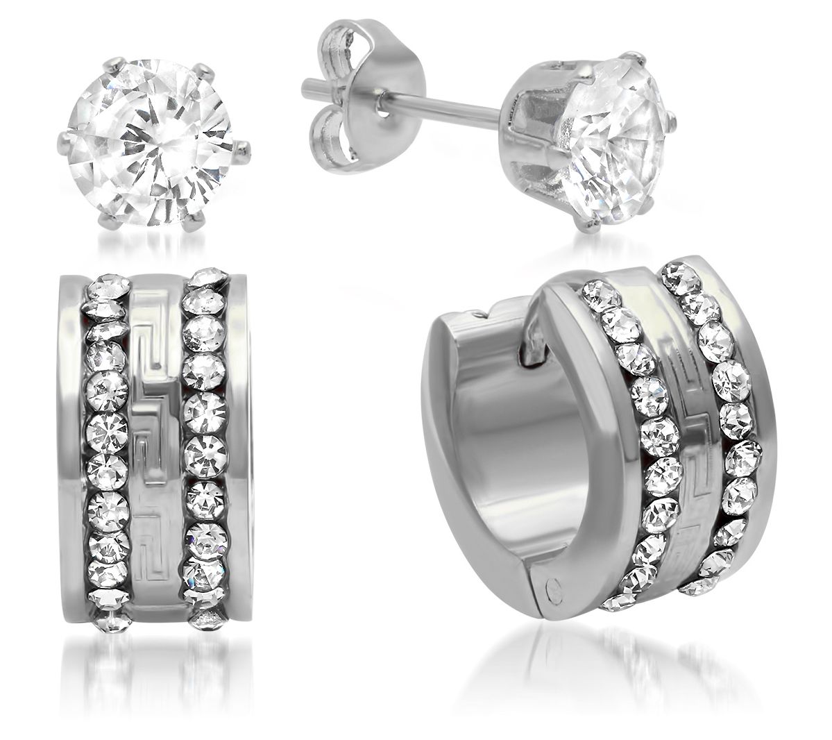 Steel by Design Cubic Zirconia Hoop & Stud Earrings Set