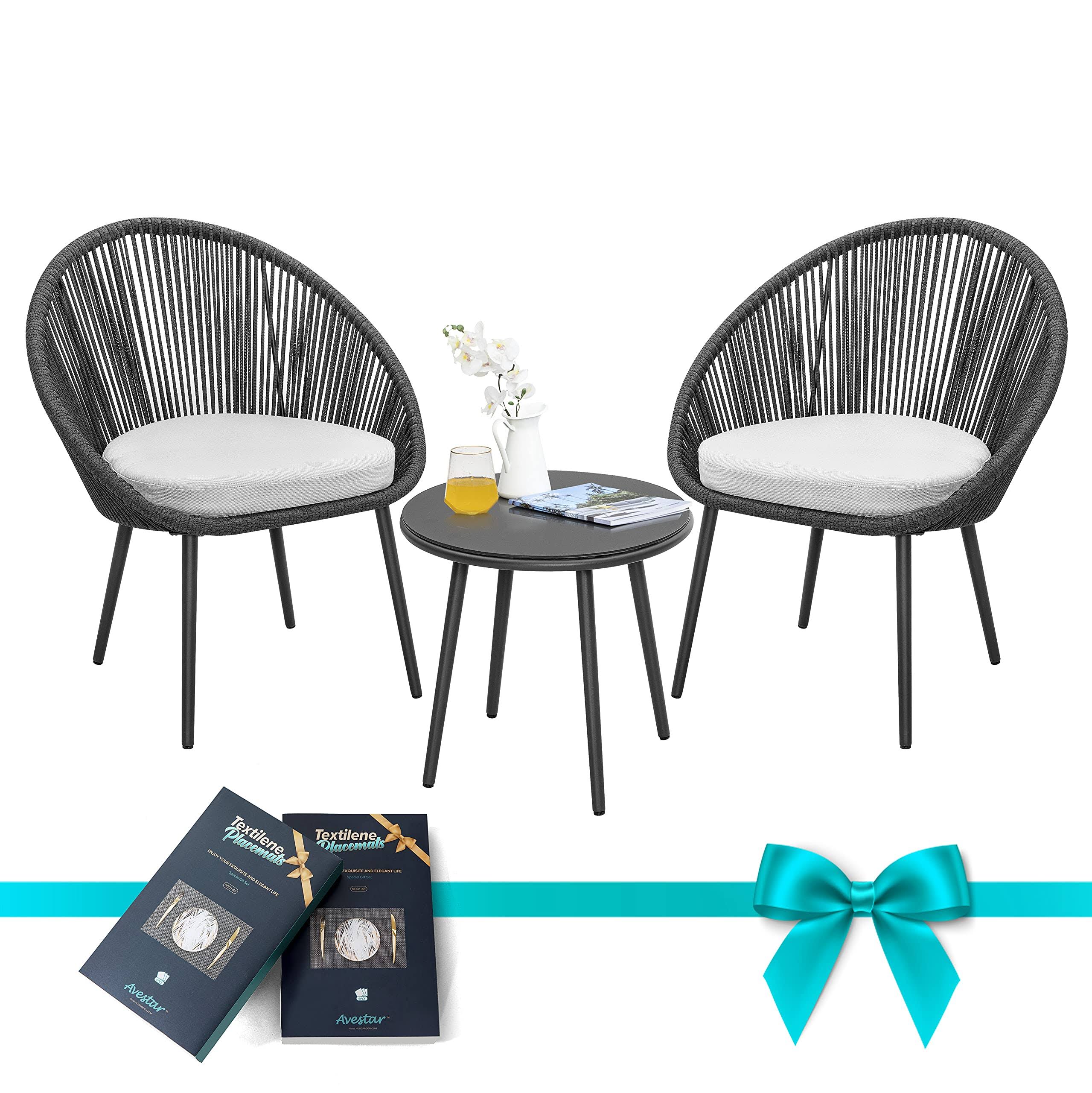 NUU Garden 3 Piece Patio Table Set Outdoor All Weather Woven Rope Patio Conversation Bistro Set with Cushions for Garden, Balcon