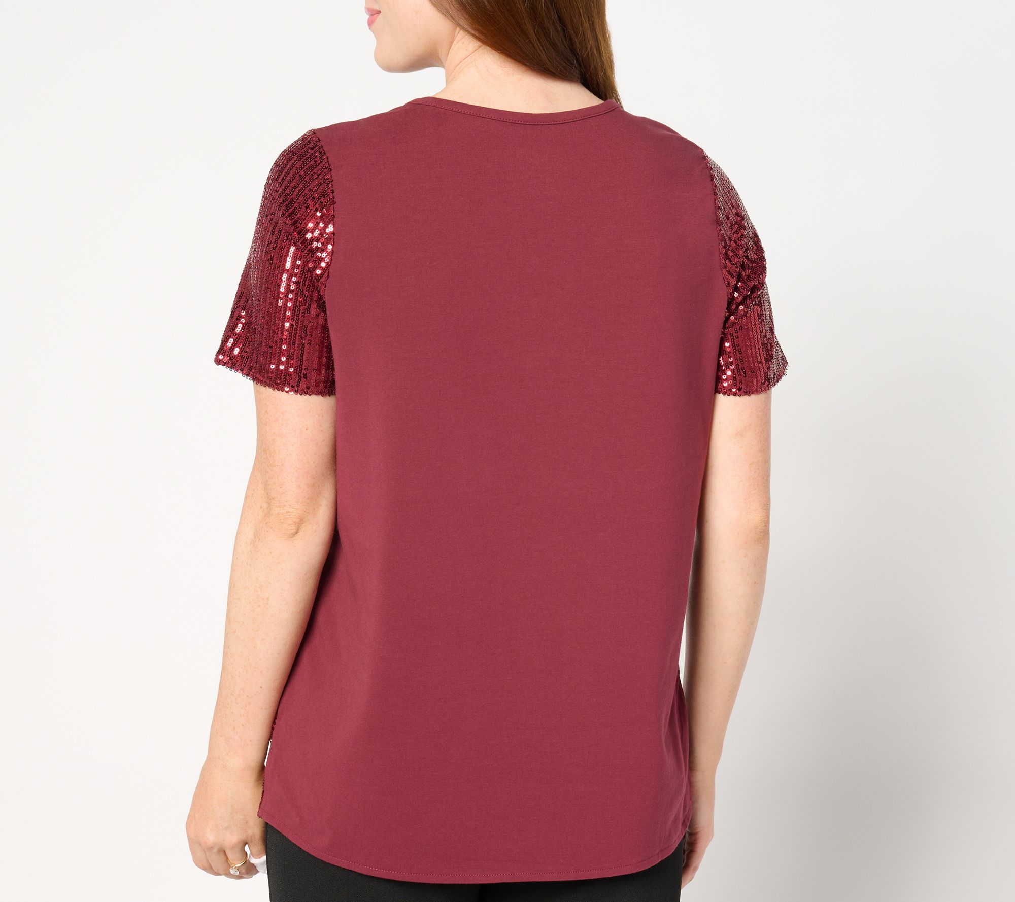 Jingle Belles by Kim Gravel Sequin Front Knit Back V Neck Top