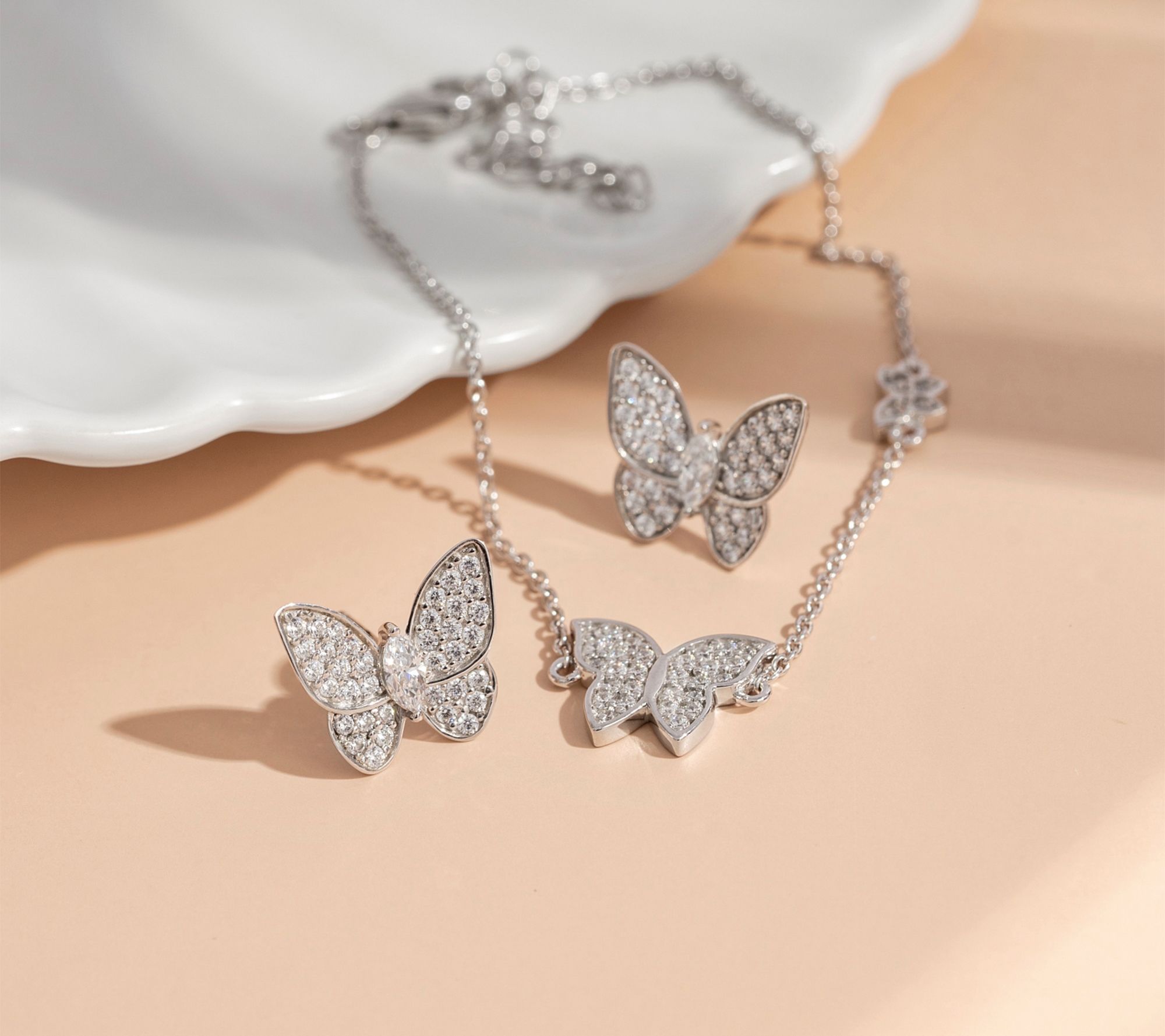 Diamonique Butterfly Bracelet & Earrings Set, Sterling Silver