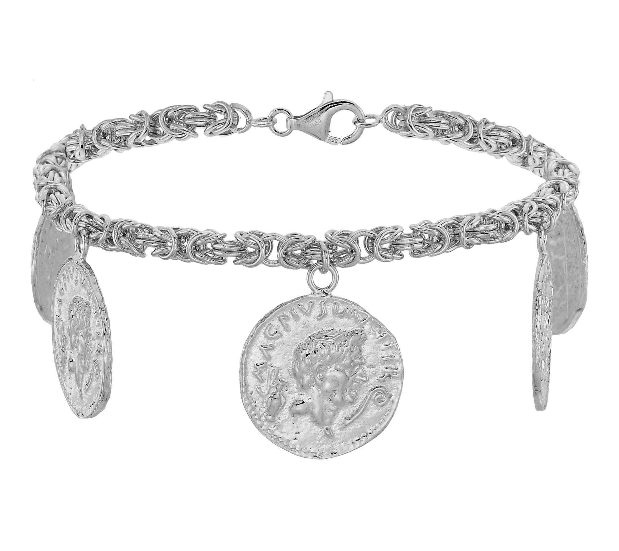 Silver Style Bold Byzantine Coin Charm Bracelet, Sterling