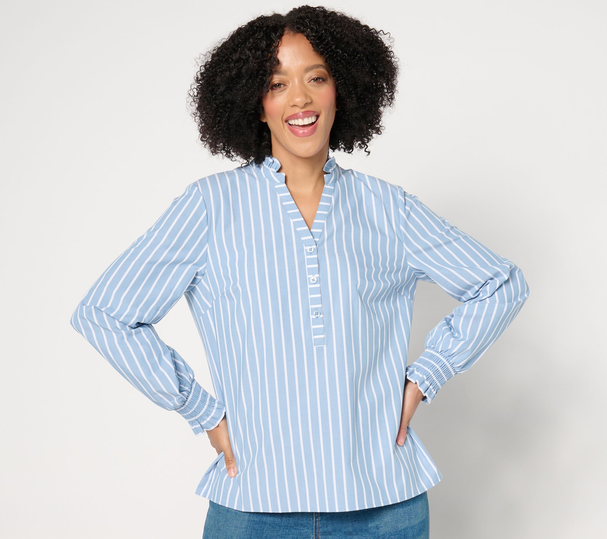 Studio Park x Amy Stran Ruffle Collar Smocked Cuff Henley Shirt