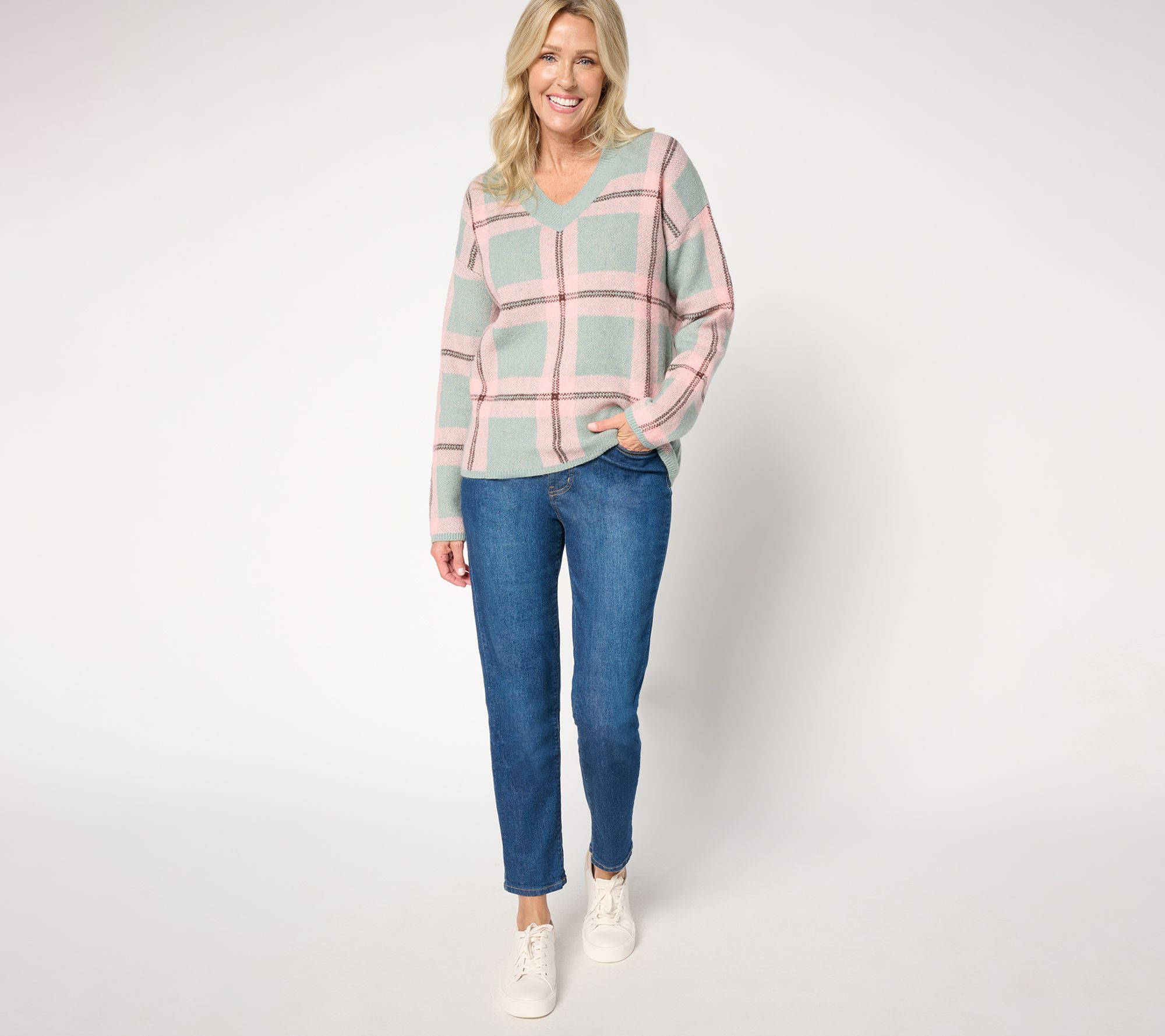 AnyBody Plaid Intarsia V-Neck Sweater