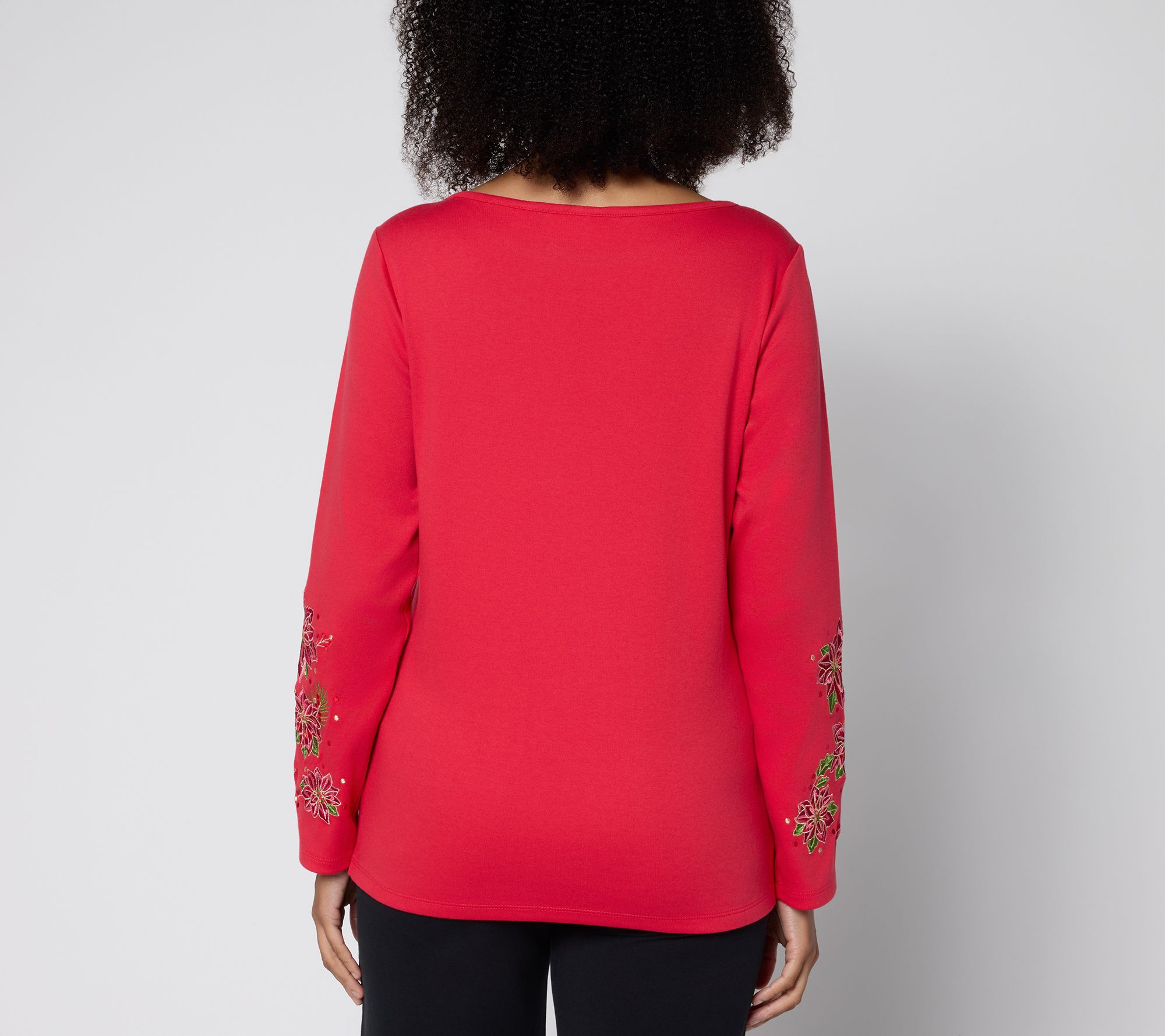 Quacker Factory Poinsettia Floral Bateau Long Sleeves Top