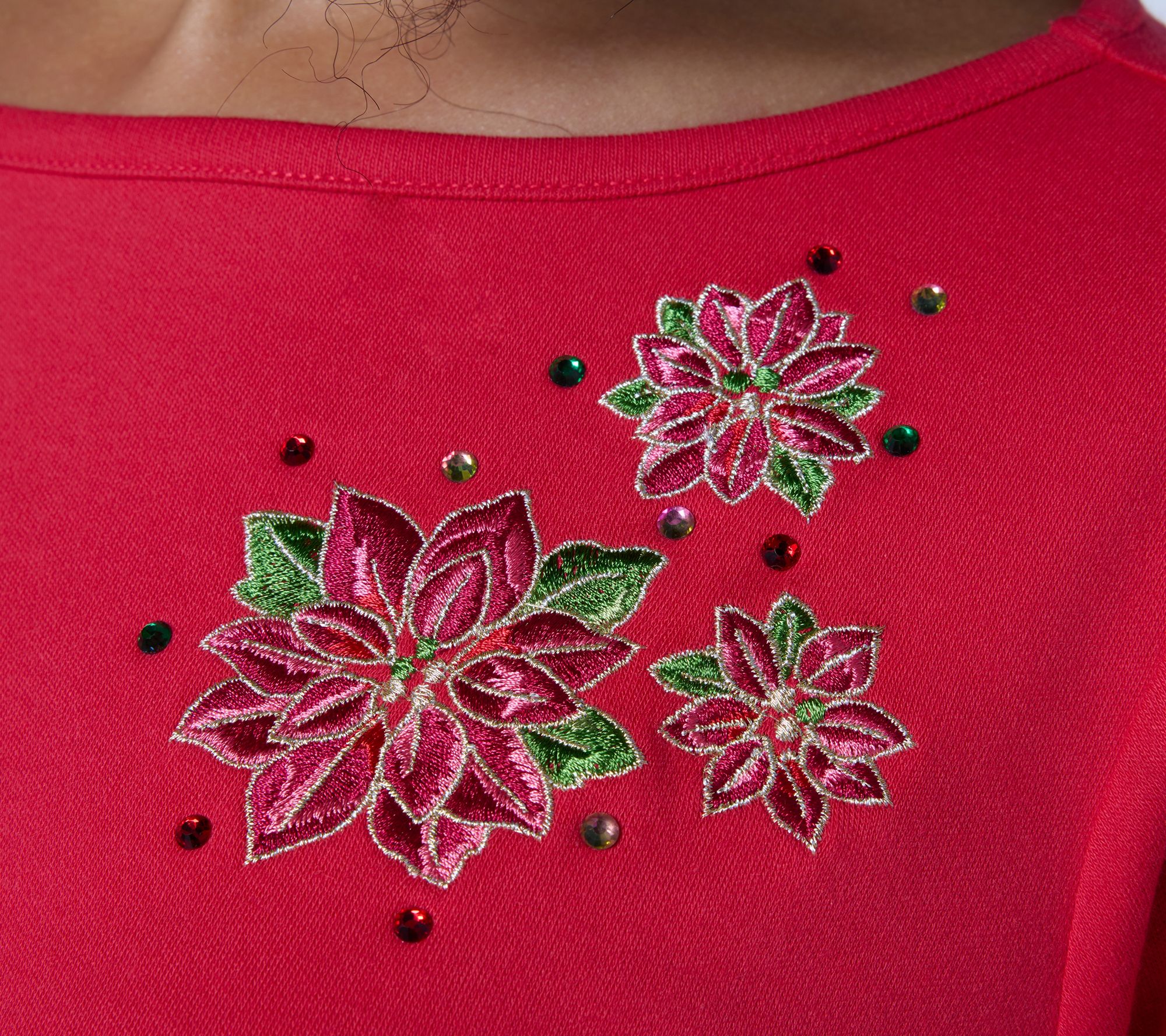 Quacker Factory Poinsettia Floral Bateau Long Sleeves Top