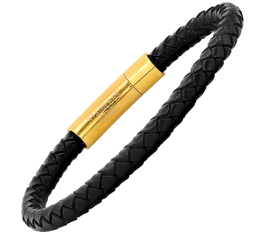 Steel by Design Men's Leather and 18K Gold Plated Bracelet