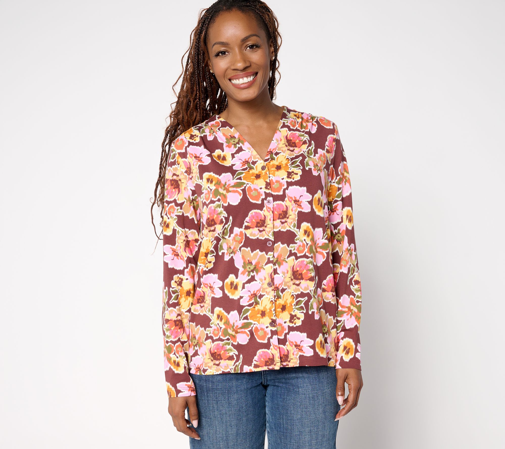 Denim & Co. Printed Favorite Jersey V-Neck Top