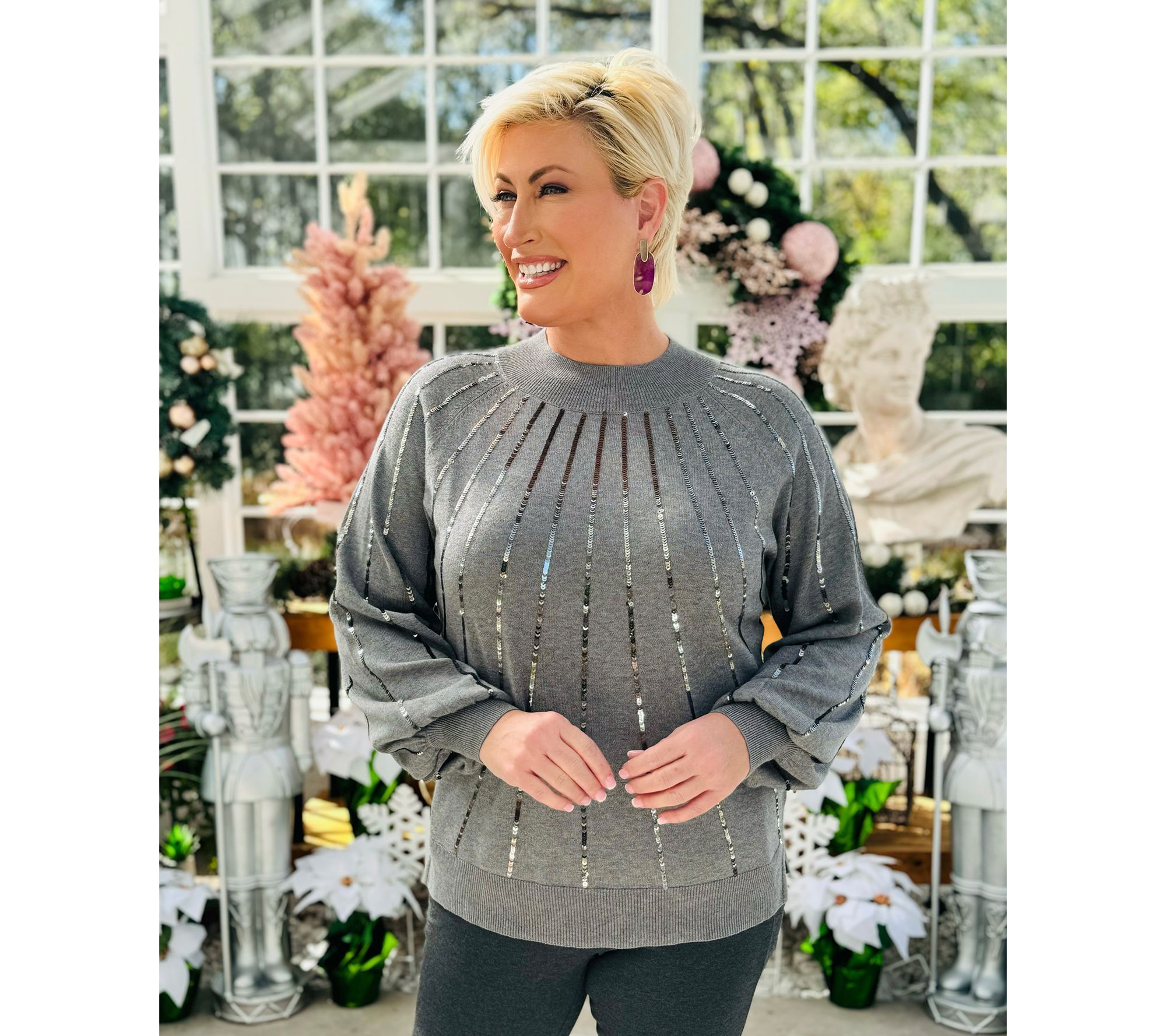 Jingle Belles by Kim Gravel Star Burst Sequin Glam Mock Sweater