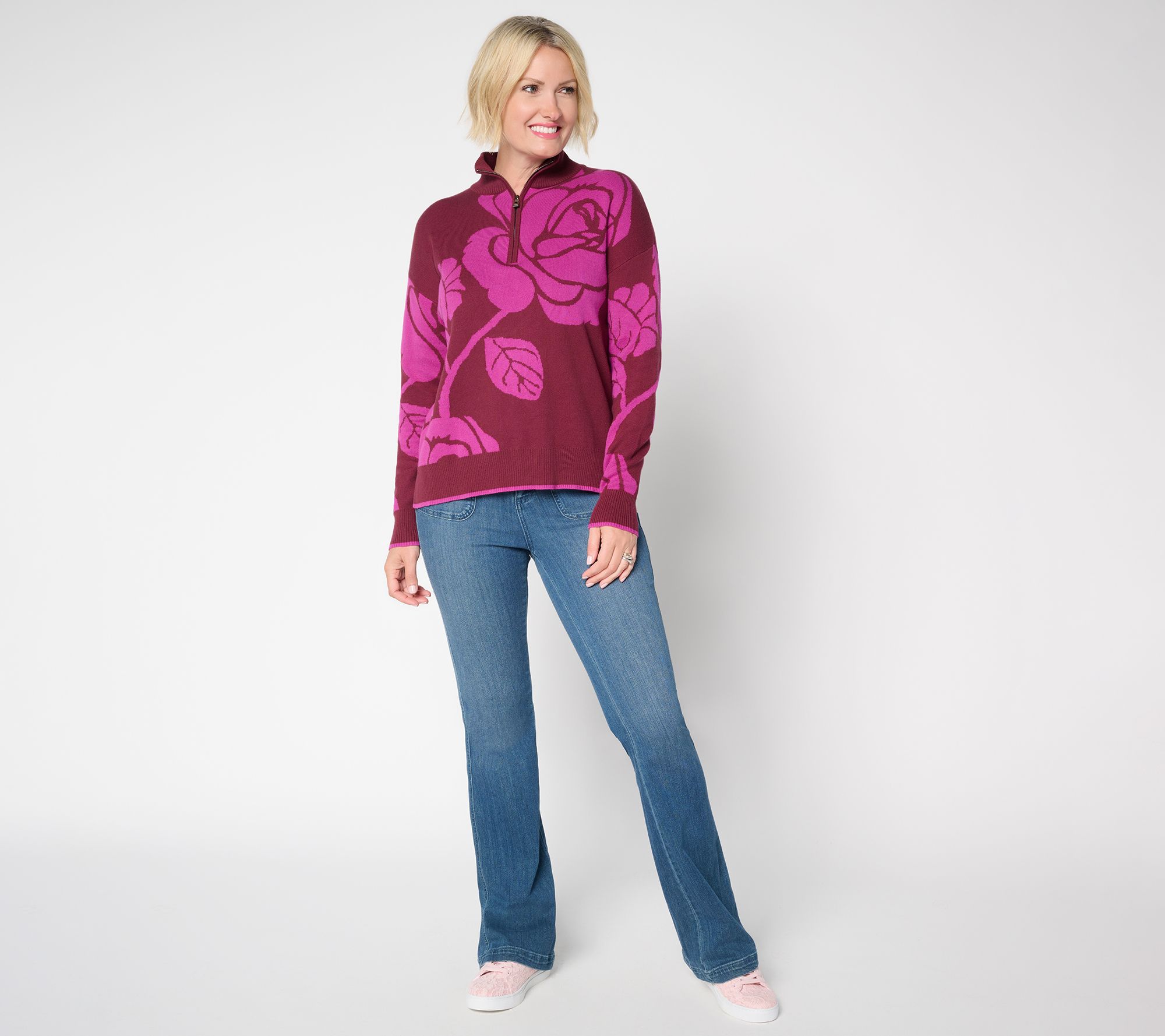 Belle by Kim Gravel Falling for Fall Floral Intarsia Half Zip Sweater