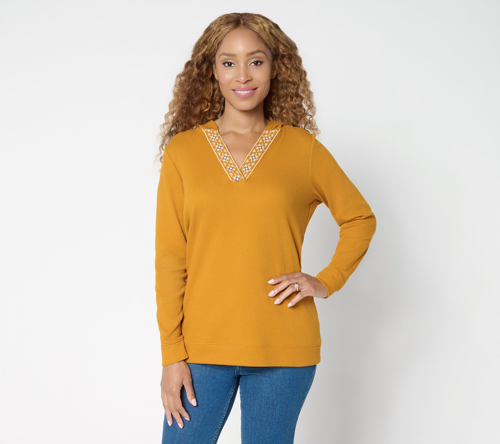 Denim & Co. Waffle Knit V-Neck Hooded Top