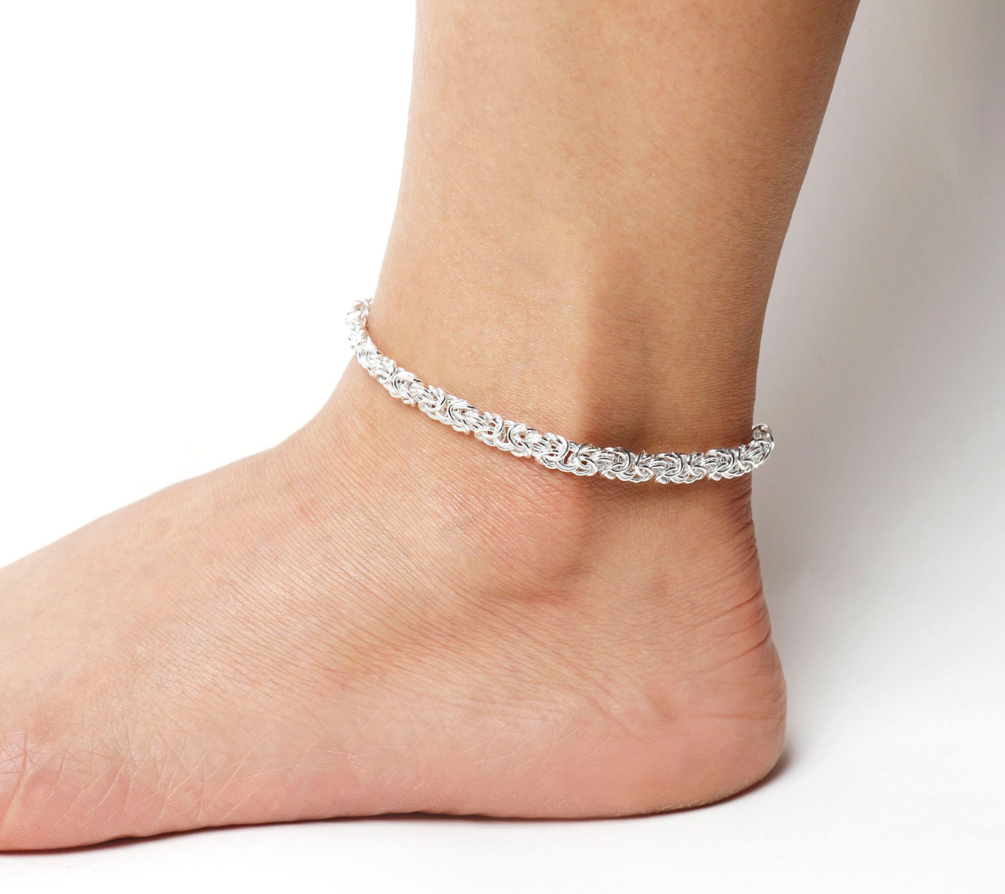 UltraFine Silver Polished Byzantine Link AnkleBracelet