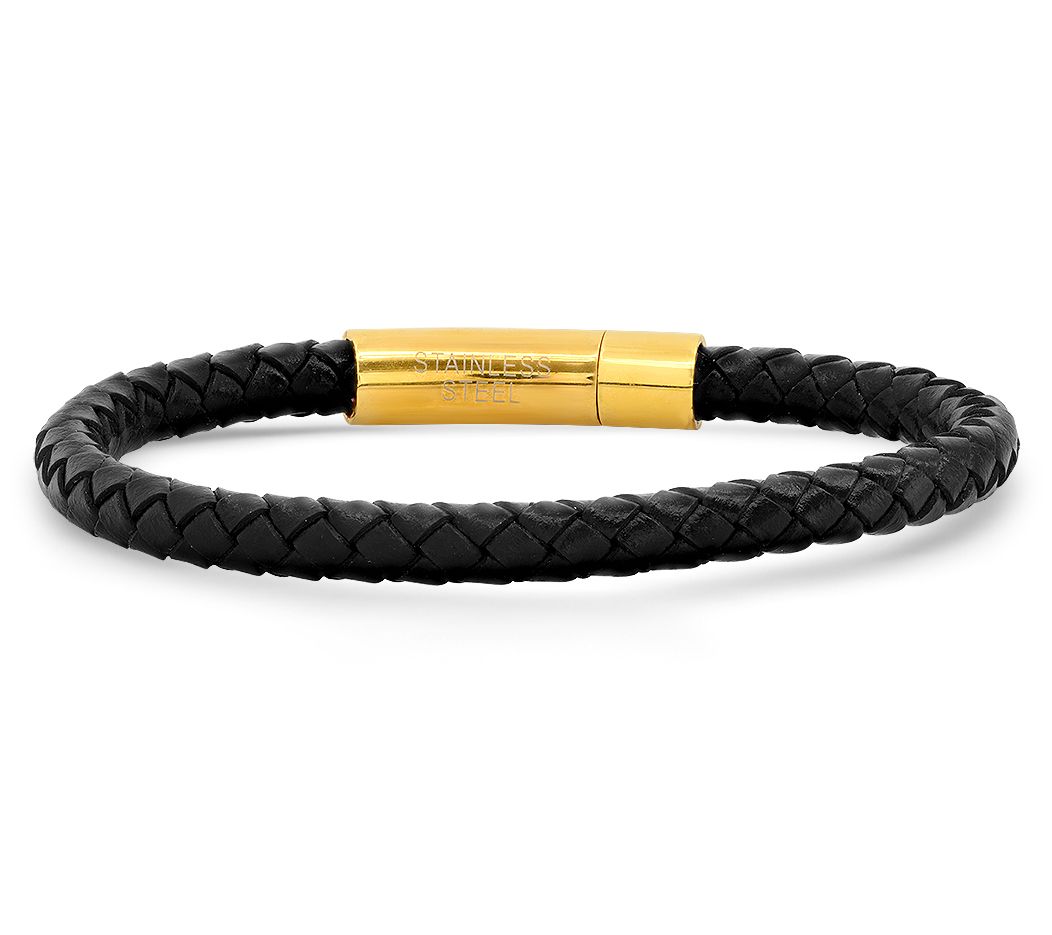 Steel by Design Men's Leather and 18K Gold Plated Bracelet