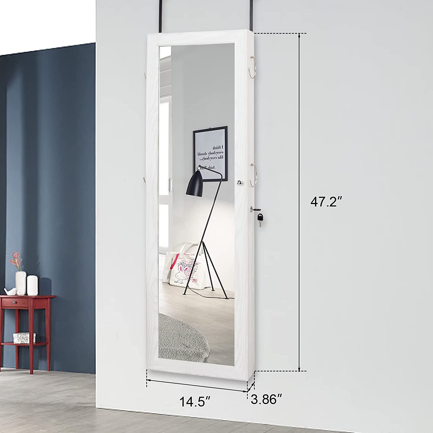 Bonnlo Jewelry Armoire Organizer with Keys, Space-Saving 2 in 1 Wall Mounted/Door Hanging, 47-inch Magnetic Mirror, Bedroom Bathroom Cosmetics Storage Cabinet with 6 Shelves