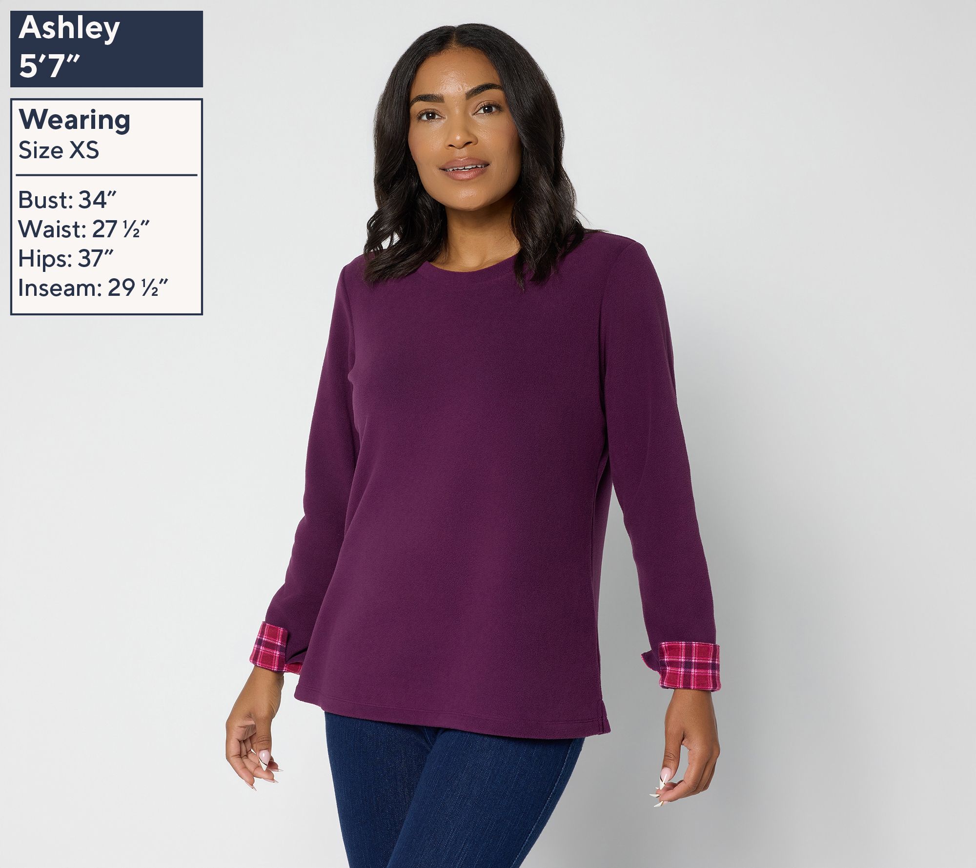 Denim & Co. Fleece Top with Plaid Accents