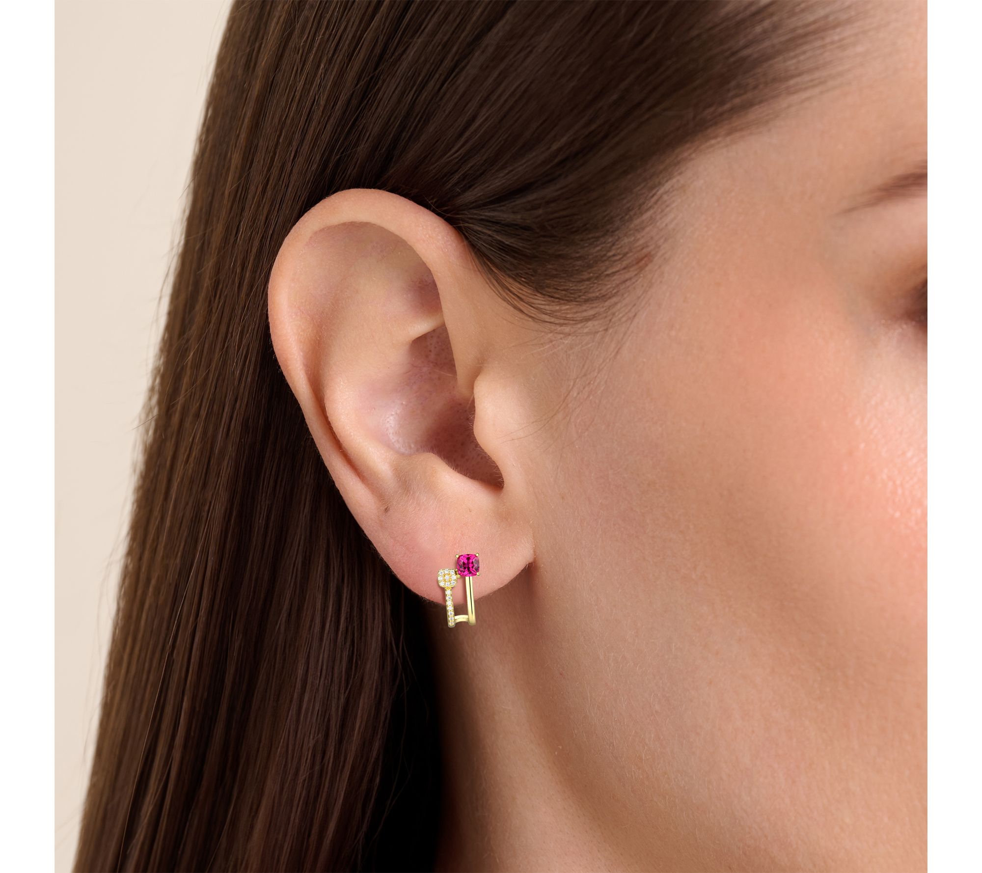 LuxLab Grown Gemstone & Diamond J-Hoop Earrings , 18K Plated