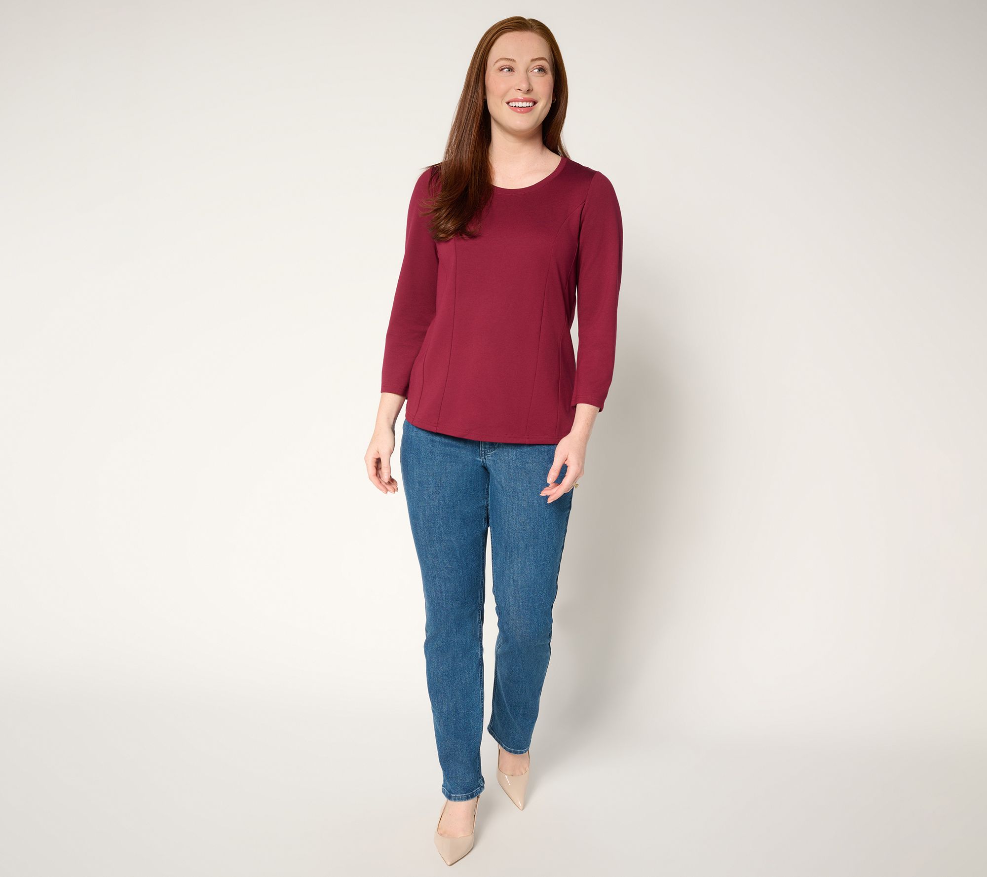 BEAUTIFUL by Lawrence Zarian Silky Ponte Seam Detail Crew Neck Top