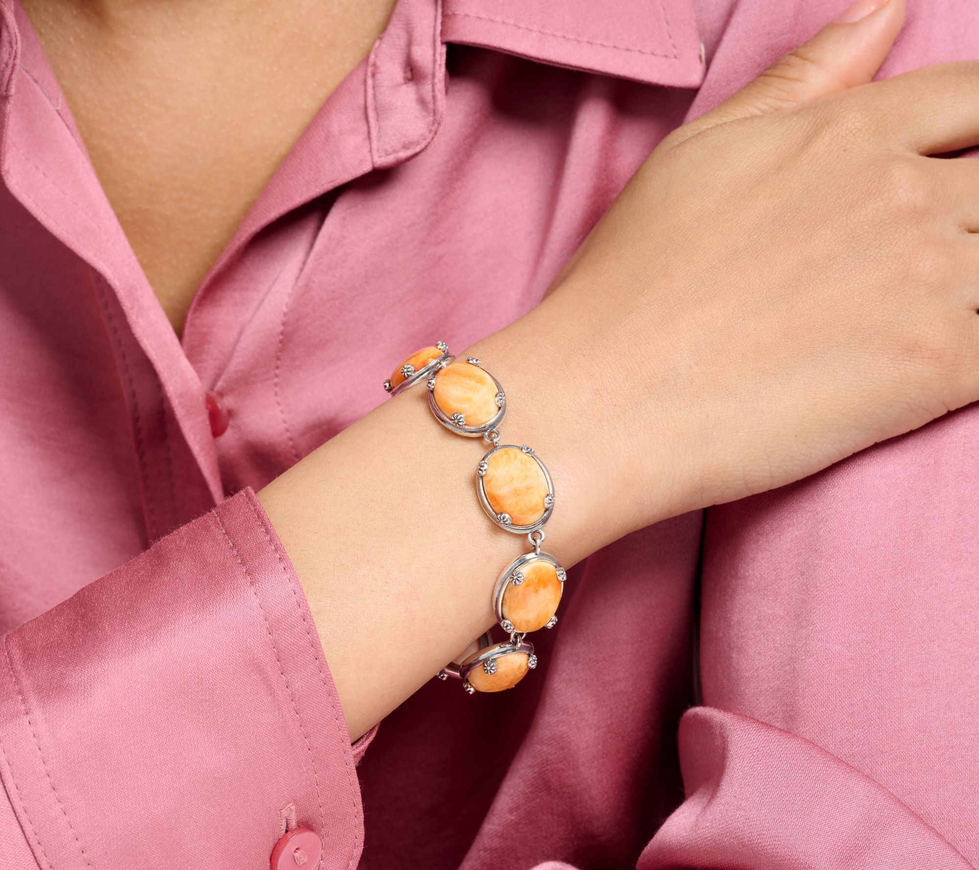 American West Sterling Silver Oval Gemstone Concha Bracelet