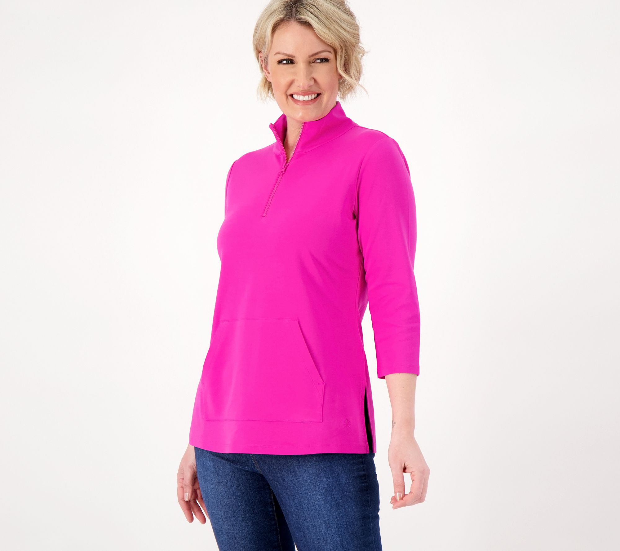 Isaac Mizrahi Live! Essentials Pima Cotton Half Zip 3/4 Sleeve Top