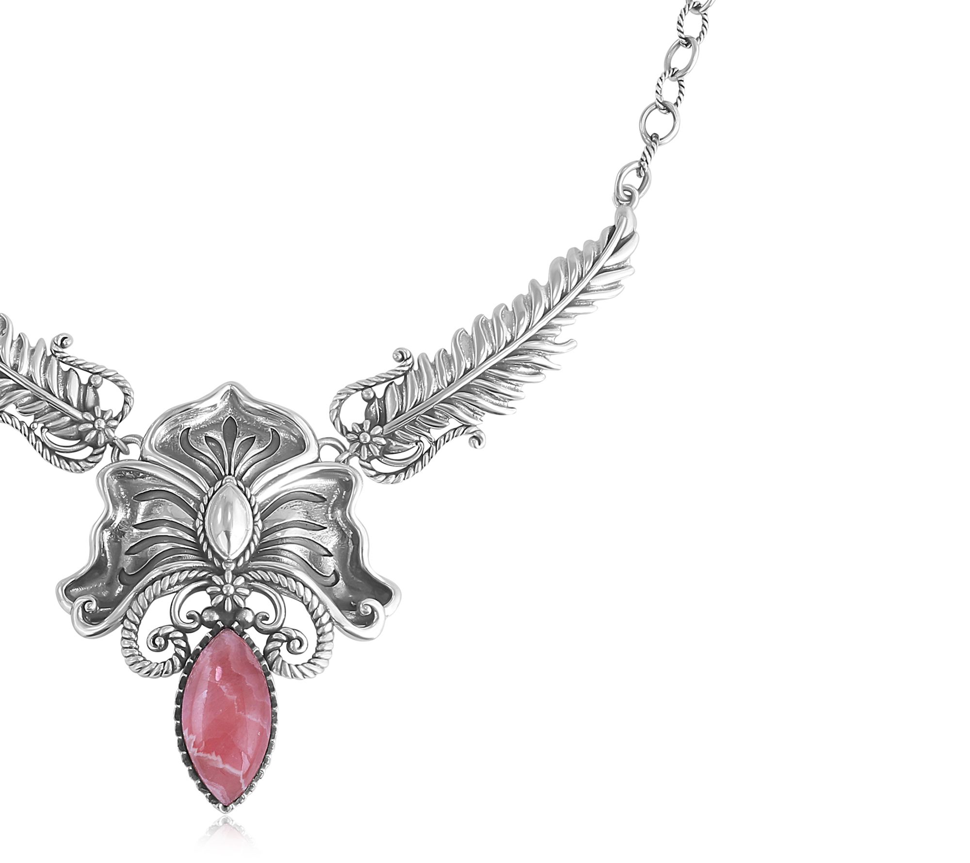 American West Sterling Cactus Flower Marquise Feather Necklace