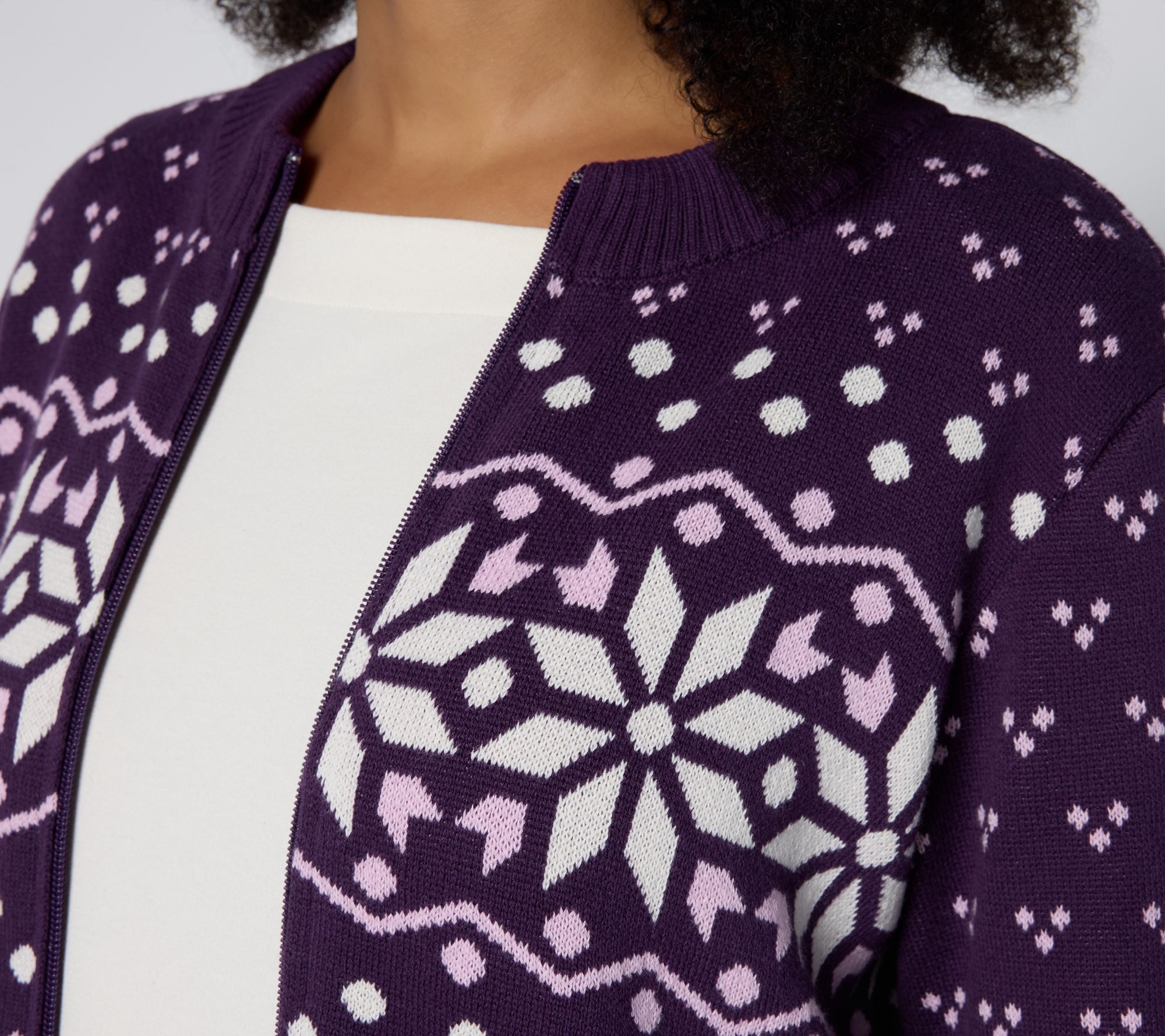 Denim & Co. Archives Zip Front Placed Motif Cardigan