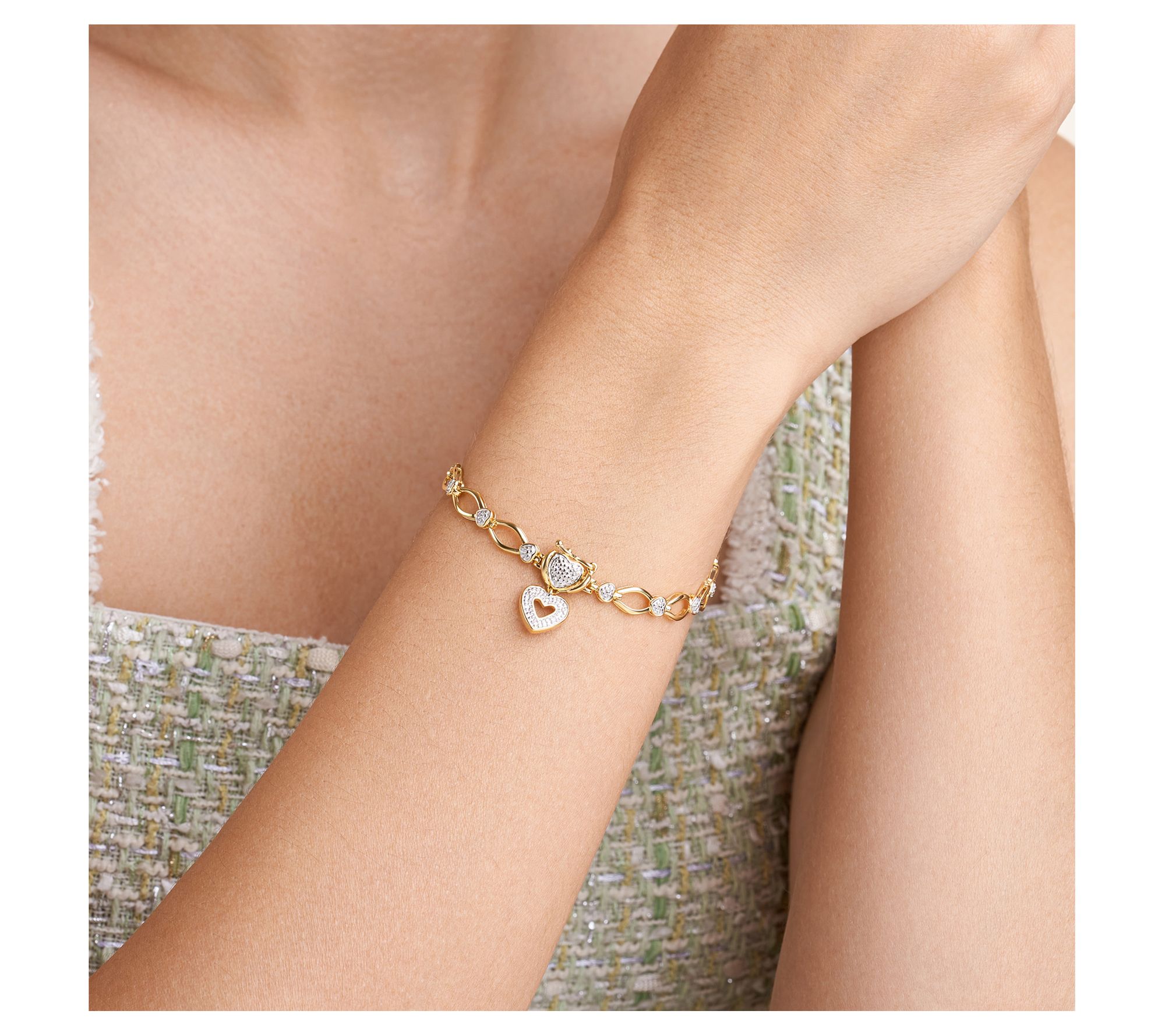 18K Gold Plated Diamond Accent Open Link Heart Bracelet