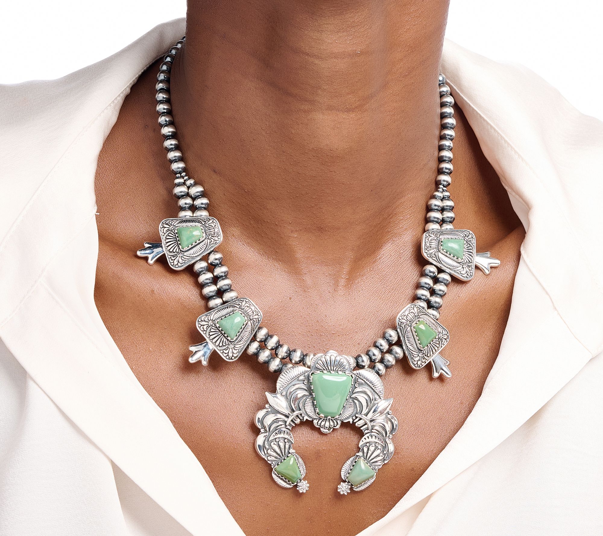 American West Sterling Silver Gemstone Squash Blossom Necklace