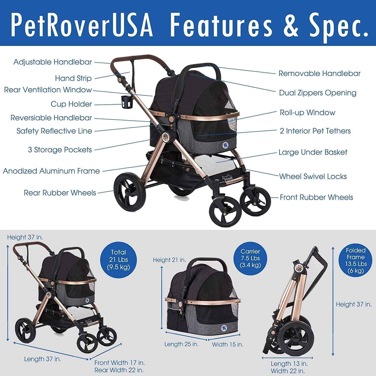 HPZ™ PET ROVER PRIME Luxury 3-in-1 Stroller for Small/Medium Dogs, Cats and Pets (Black)