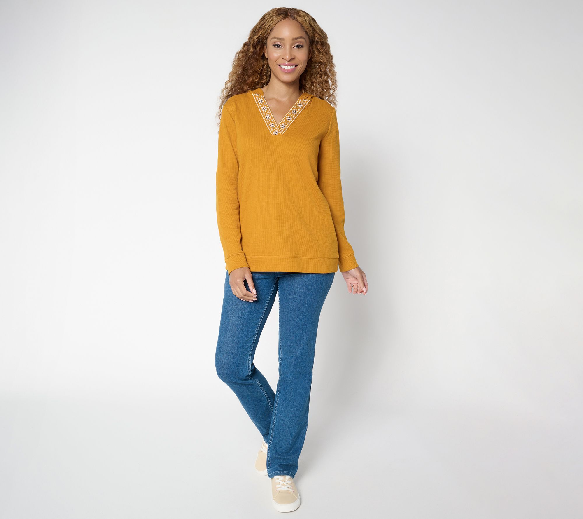 Denim & Co. Waffle Knit V-Neck Hooded Top