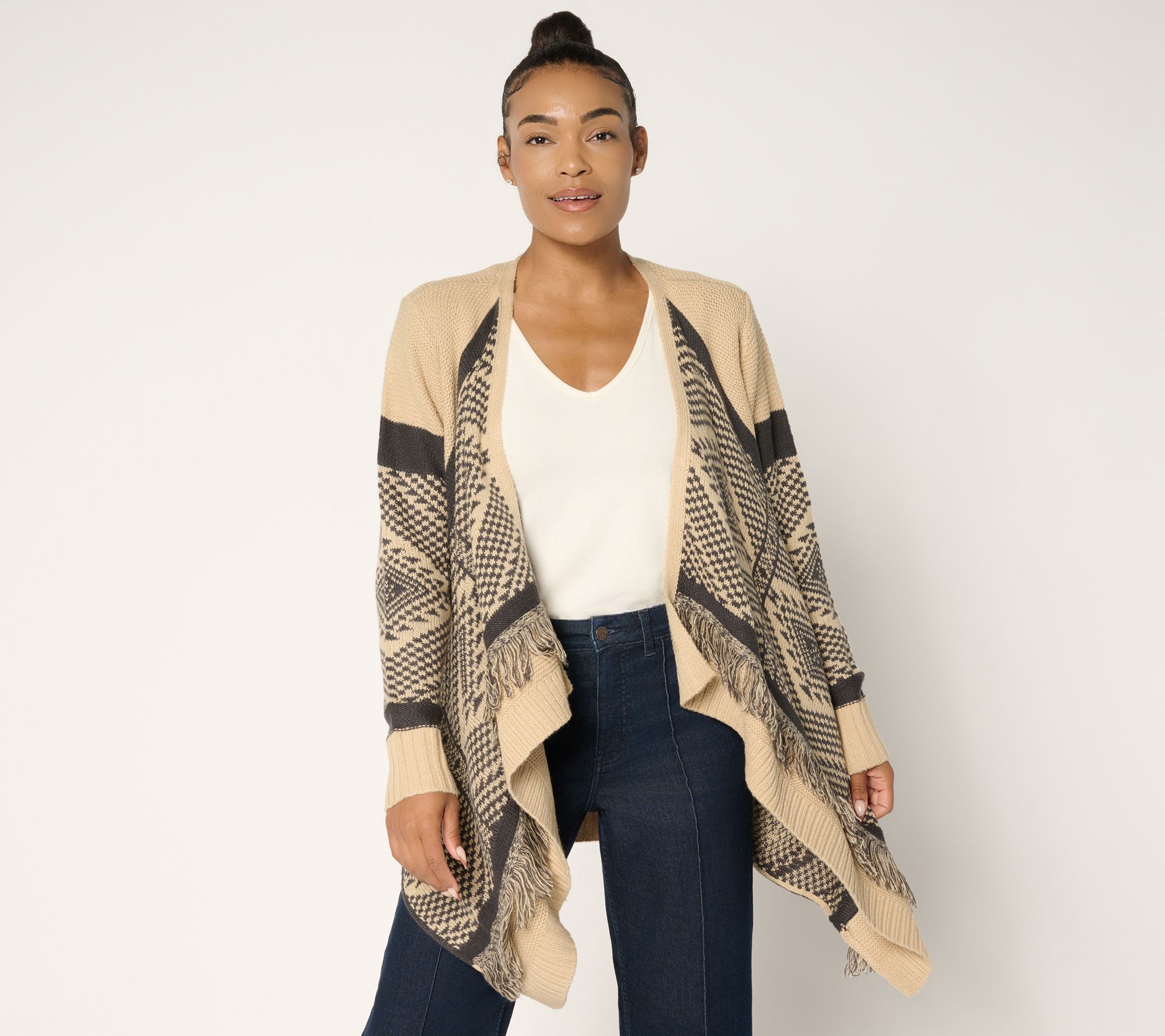 Denim & Co. Canyon Retreat Drape Front Cardigan with Fringe