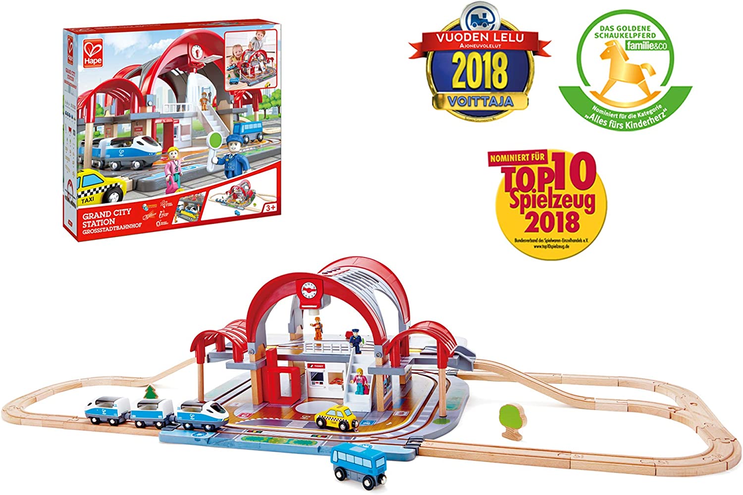 Hape Grand City Station with Light and Sound| 49 PCs Wooden Pretend Play Railway Set with Projector and Recorder for Kids