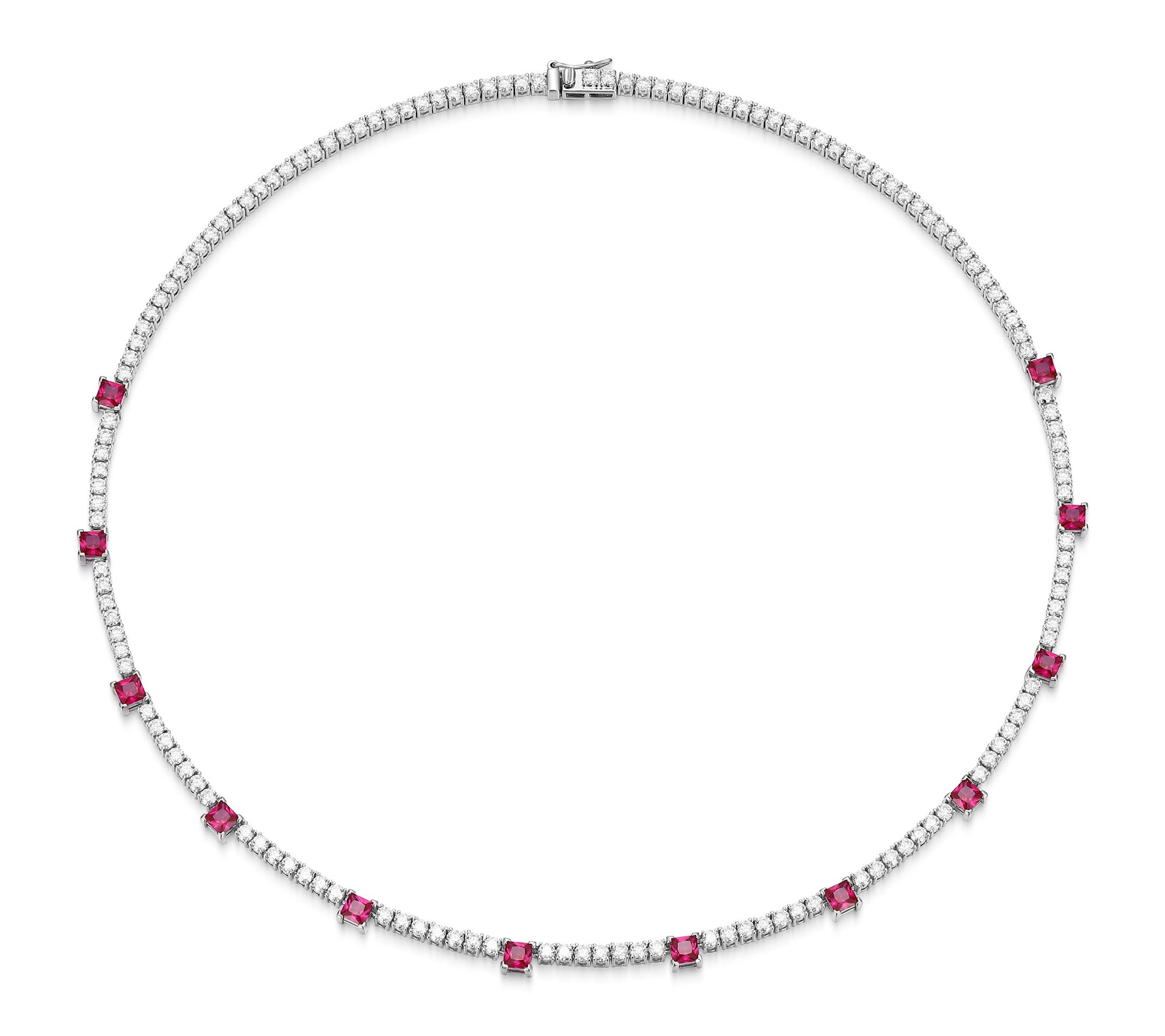 Ruby & Moissanite Necklace, Rhodium Plated Sterling Silver