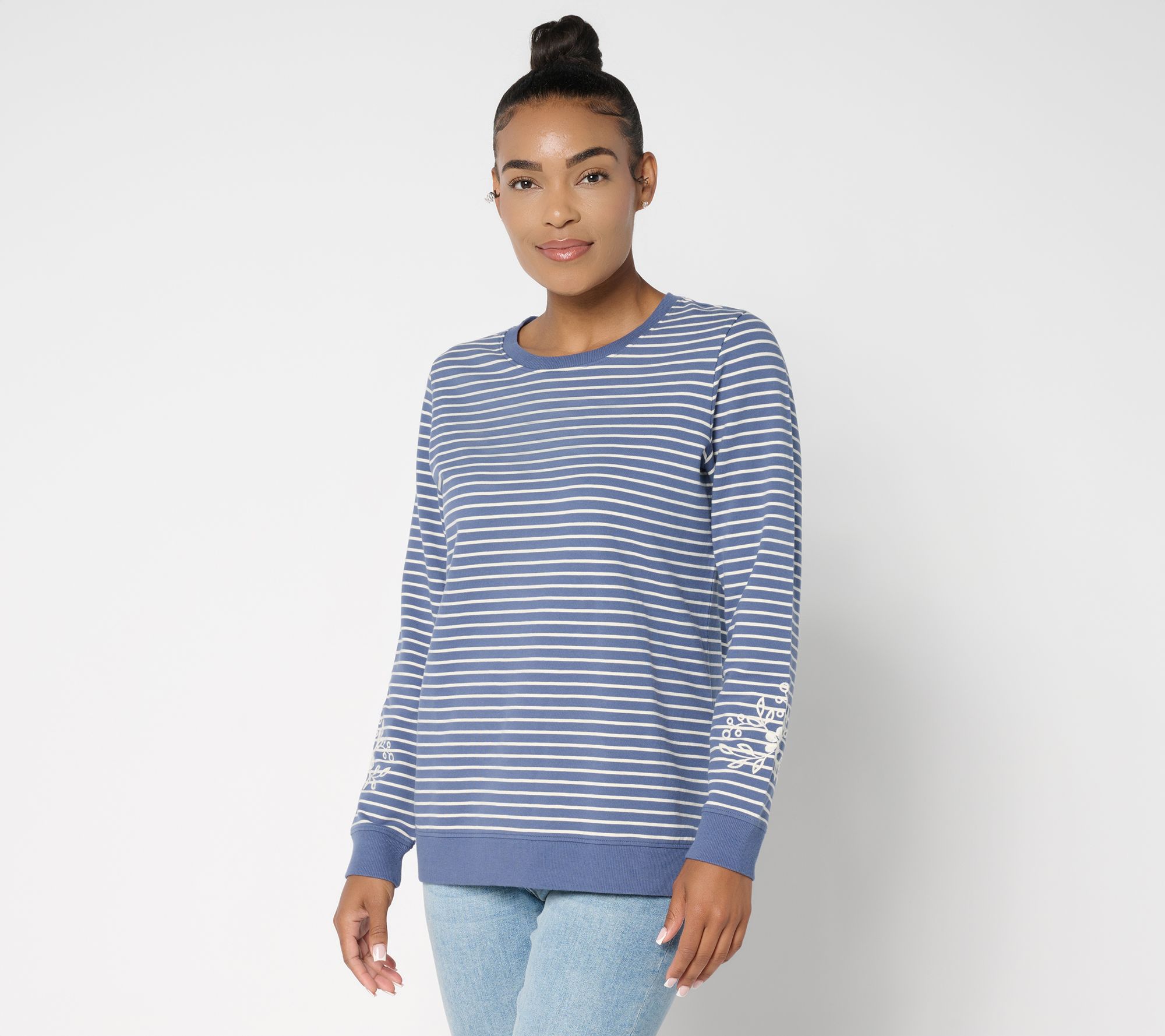 Denim & Co. Yarn Dye Stripe French Terry Pullover with Embroidery