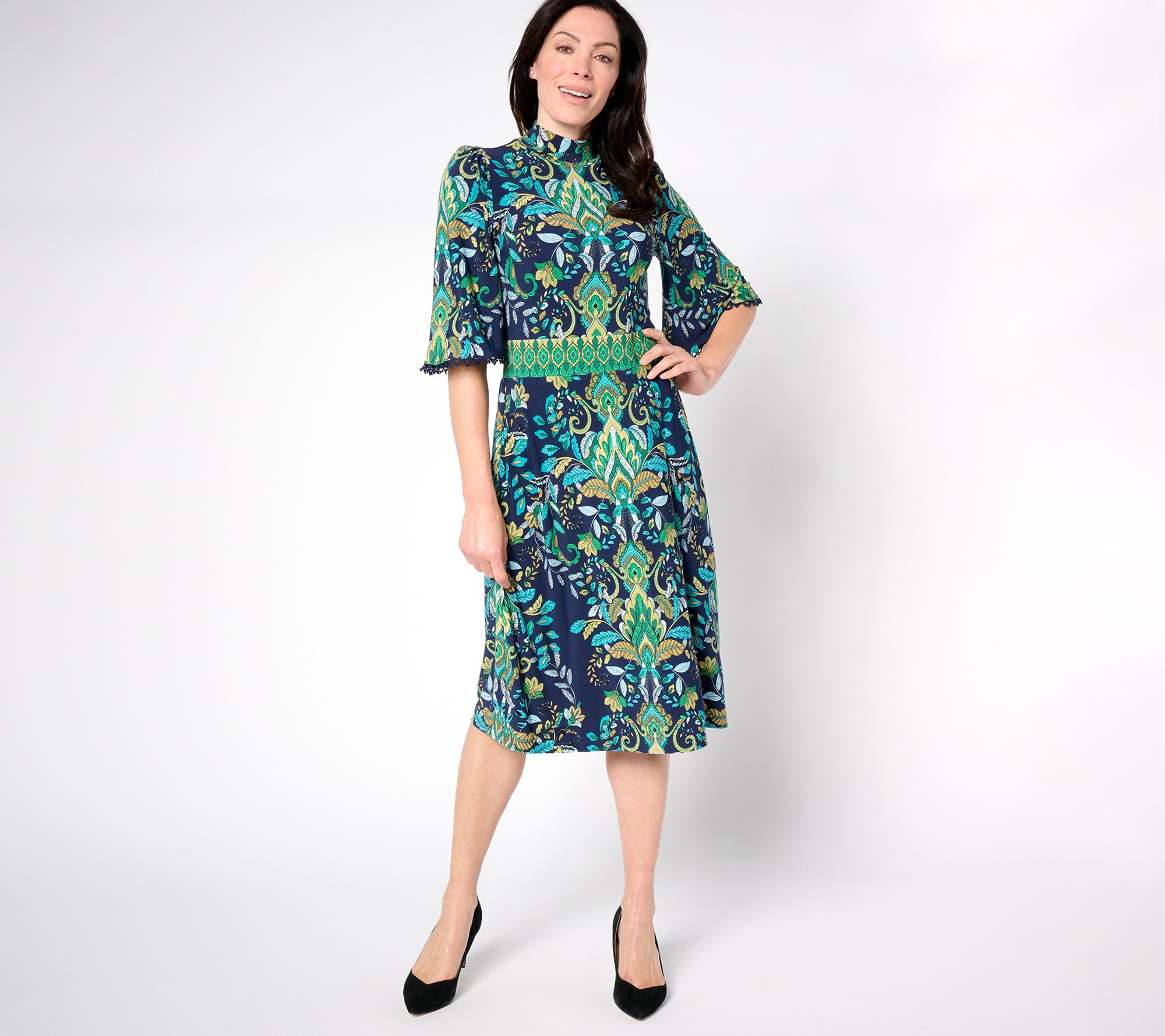 Susan Graver Regular Printed Liquid Knit Mock Neck Midi Dress