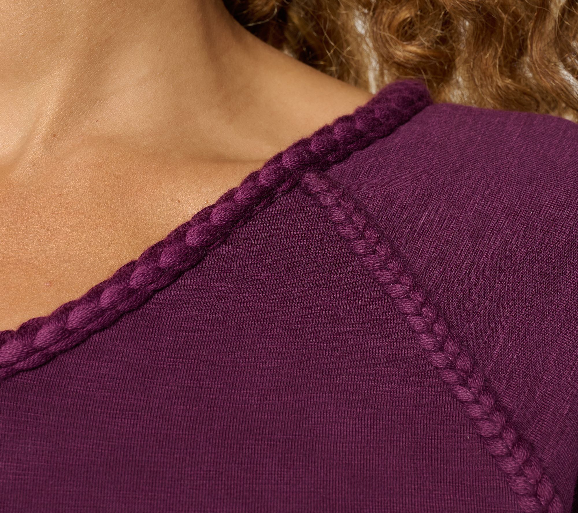 Belle Boho by Kim Gravel Slub Knit Braided Raglan V-Neck Top