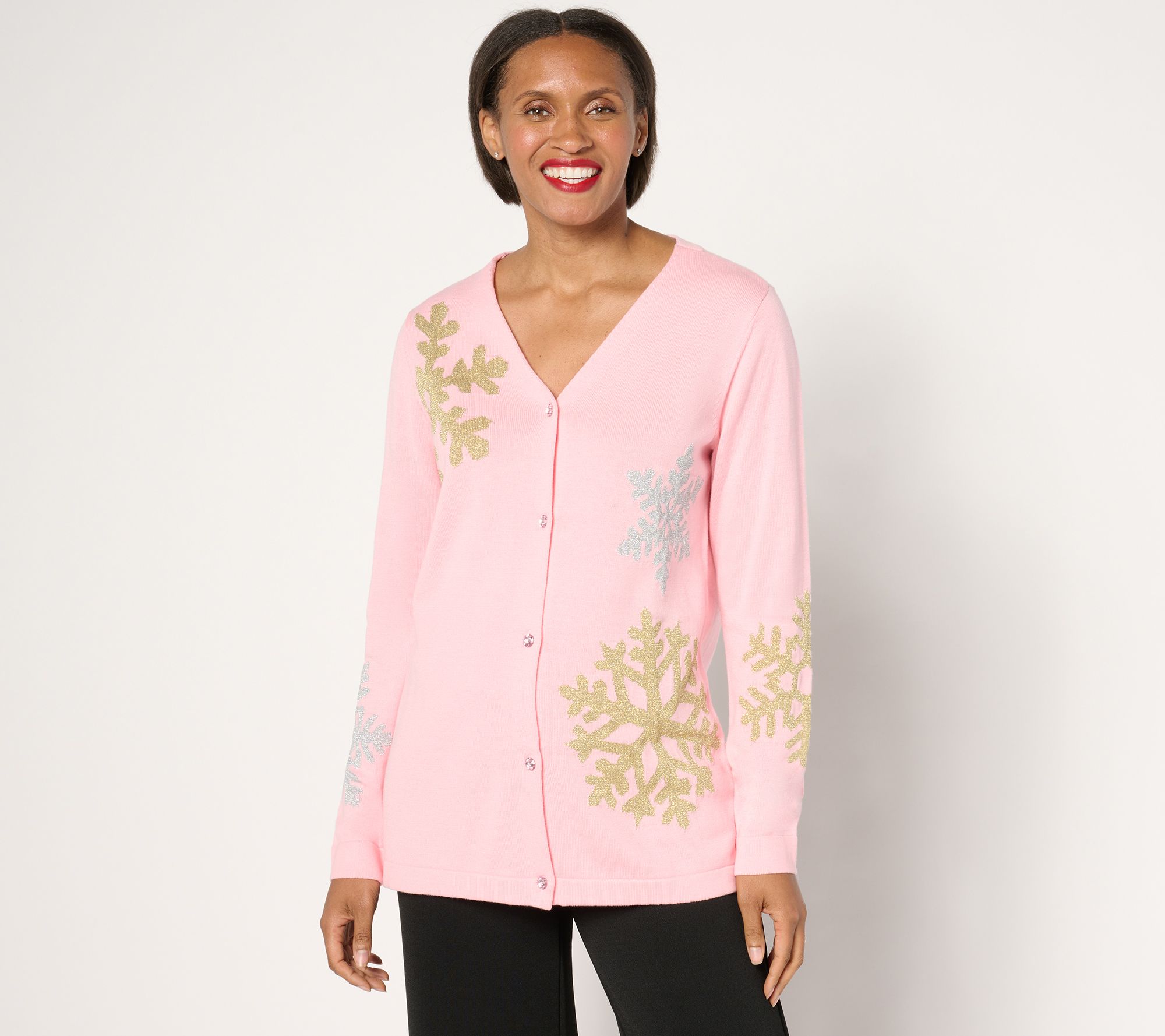 Quacker Factory Snow Day V-Neck Intarsia Sweater Cardigan