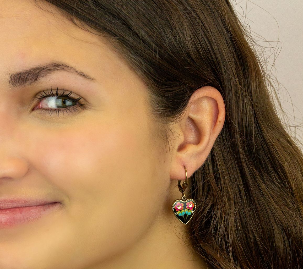 Anne Koplik Garden Floral Black Heart Dangle Earrings