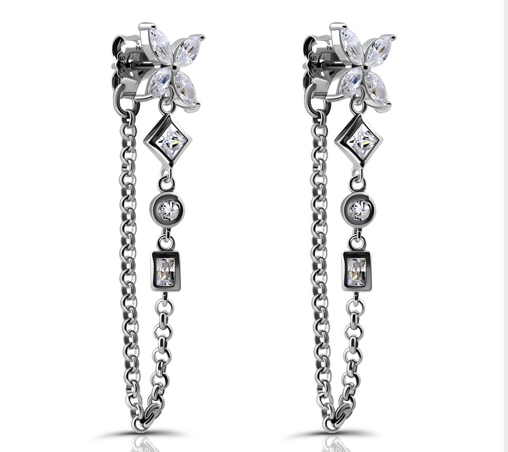 Diamonique Flower & Chain Dangle Earrings, Sterling