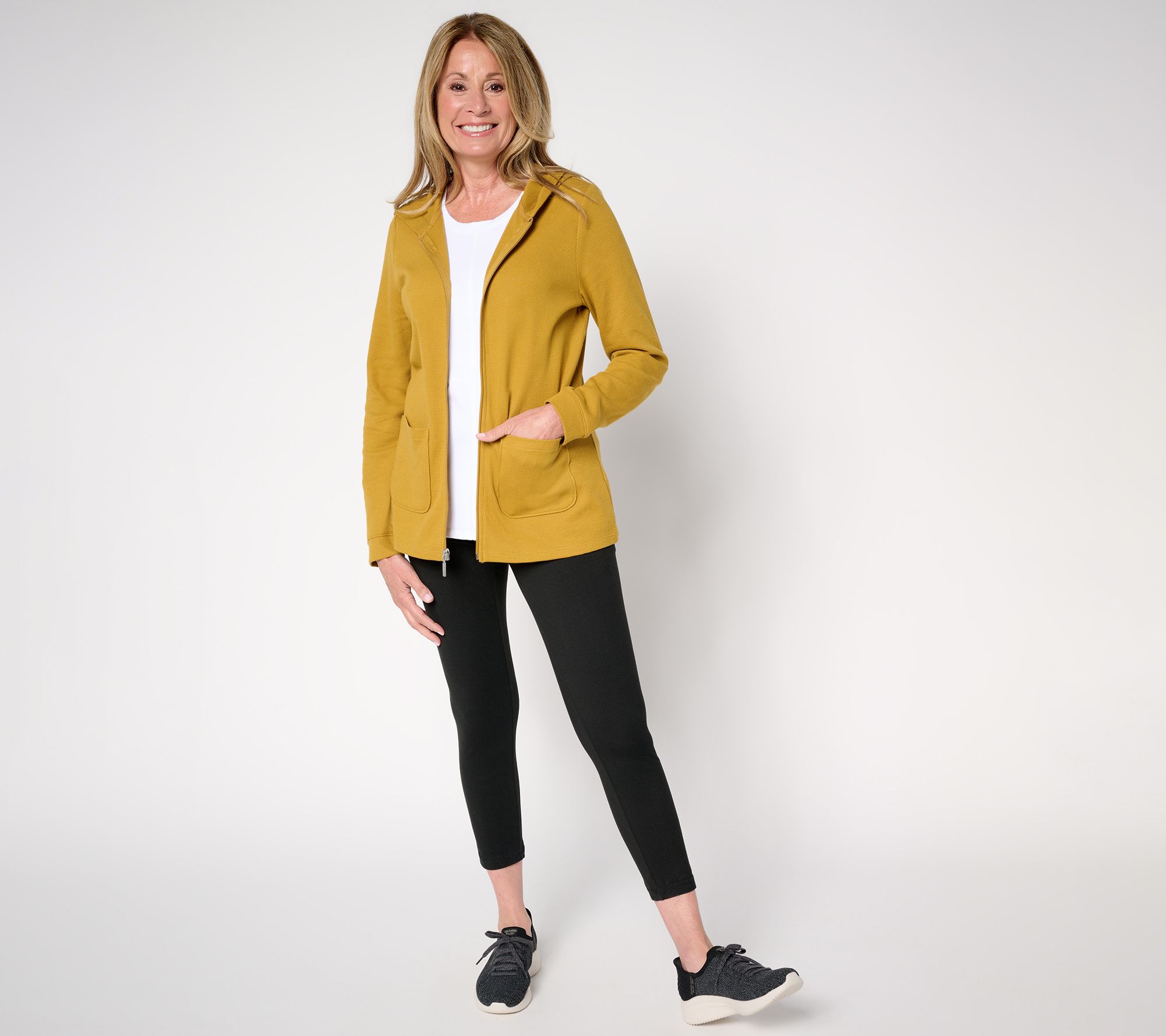 Denim & Co. Active Waffle Knit Zip Front Hooded Jacket