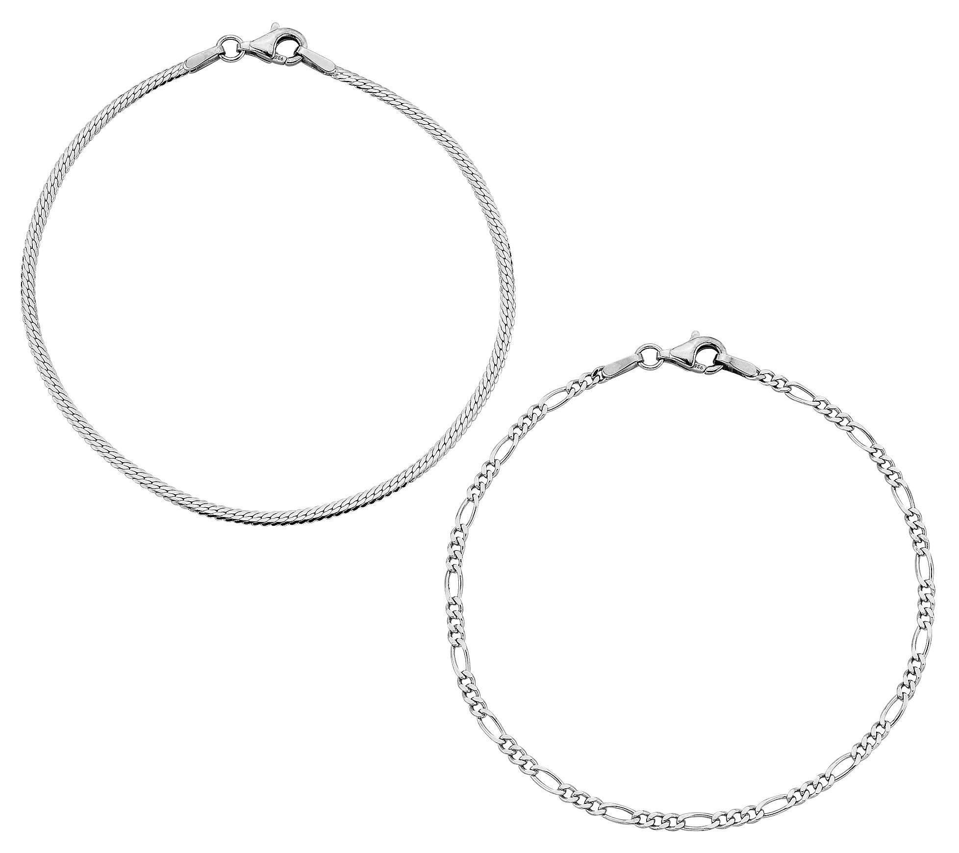 Silver Style Cuban & Figaro Link Set of 2 Bracelets, Sterling