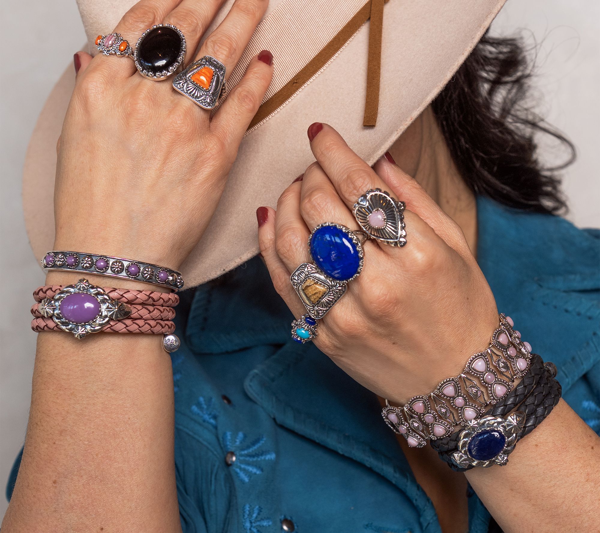 American West Sterl & Leather East-West Gemstone Coil Bracelet