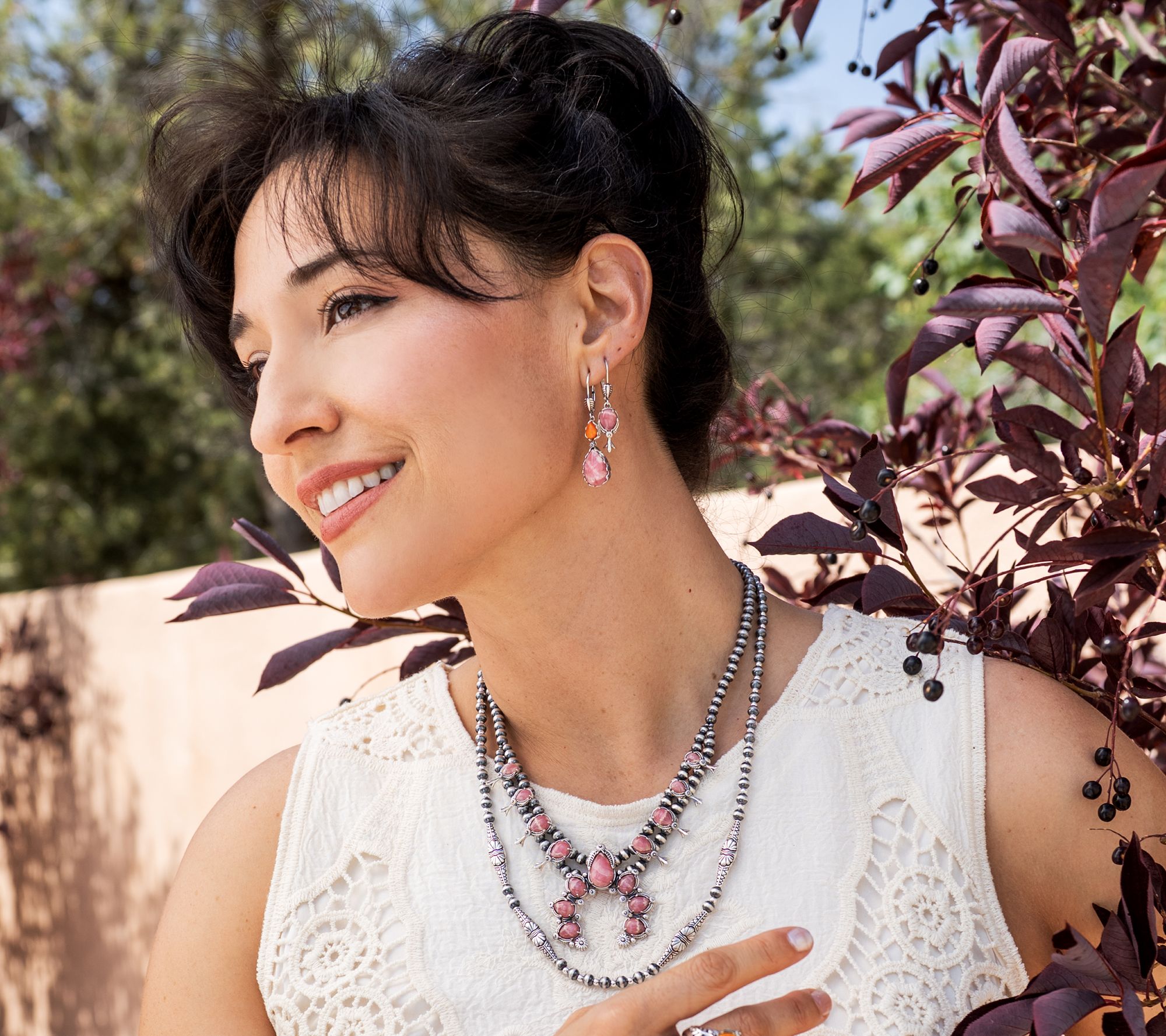 American West Sterl Gemstone Squash Blossom Necklace & Earrings Set