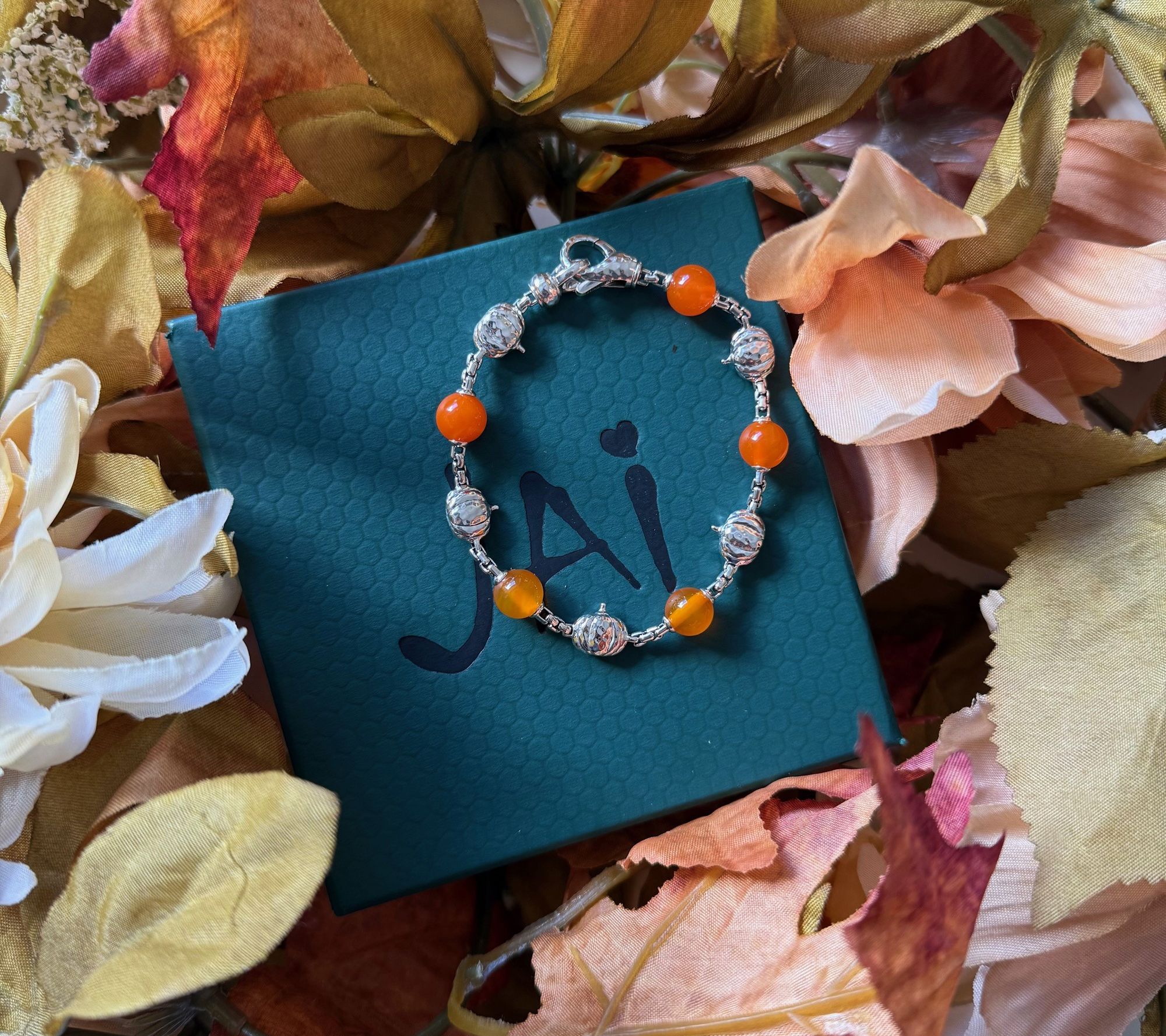 JAI Sterling Holiday Symbol Gemstone Bead Box Chain Bracelet